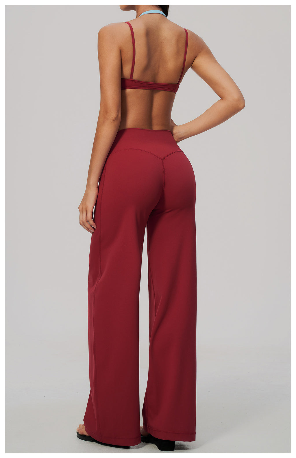 2 Piece Colorblock Double Strap Halter Sports Bra and High Waisted Loose Fit Wide Leg Yoga Pants Set