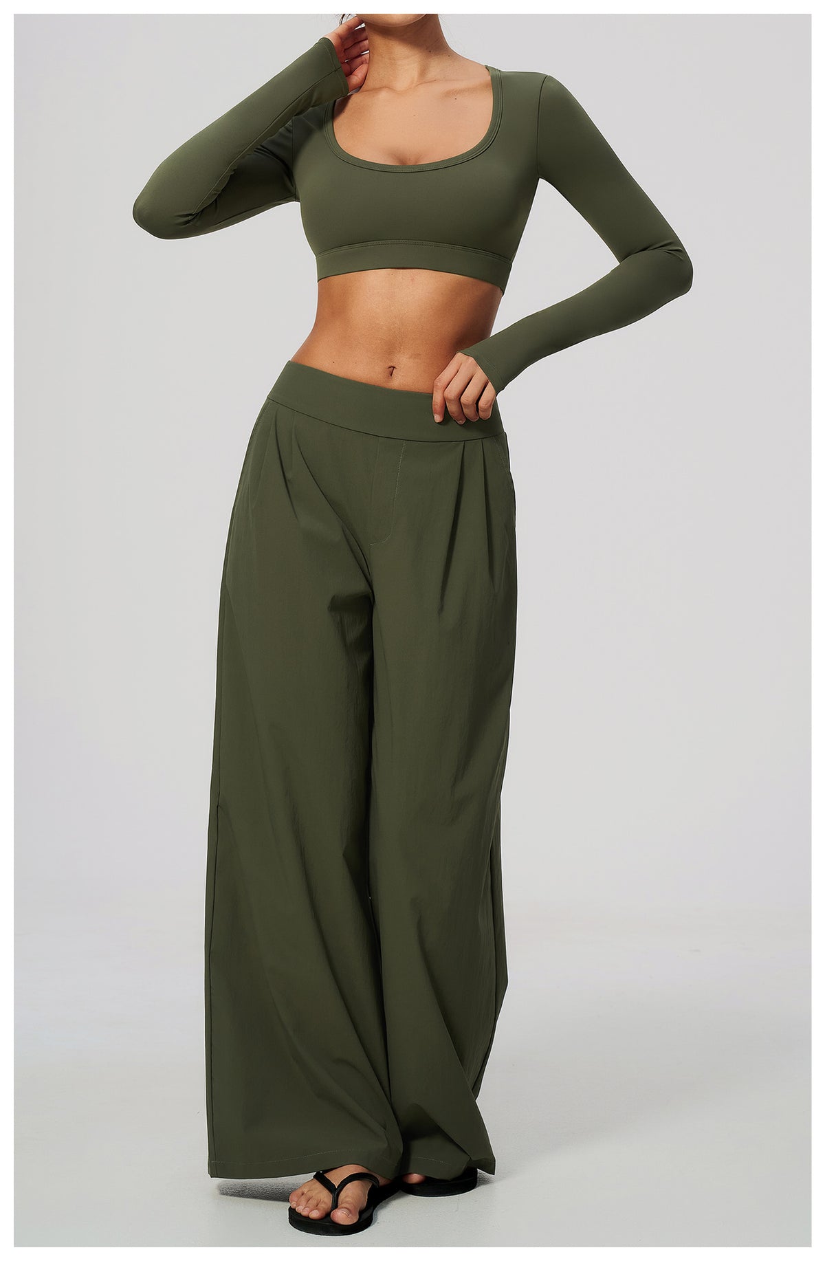 2 Piece Set Women U Neck Long Sleeve Short Workout Top with Removable Padded and High Waist Loose Casual Sports Wide Leg Pants