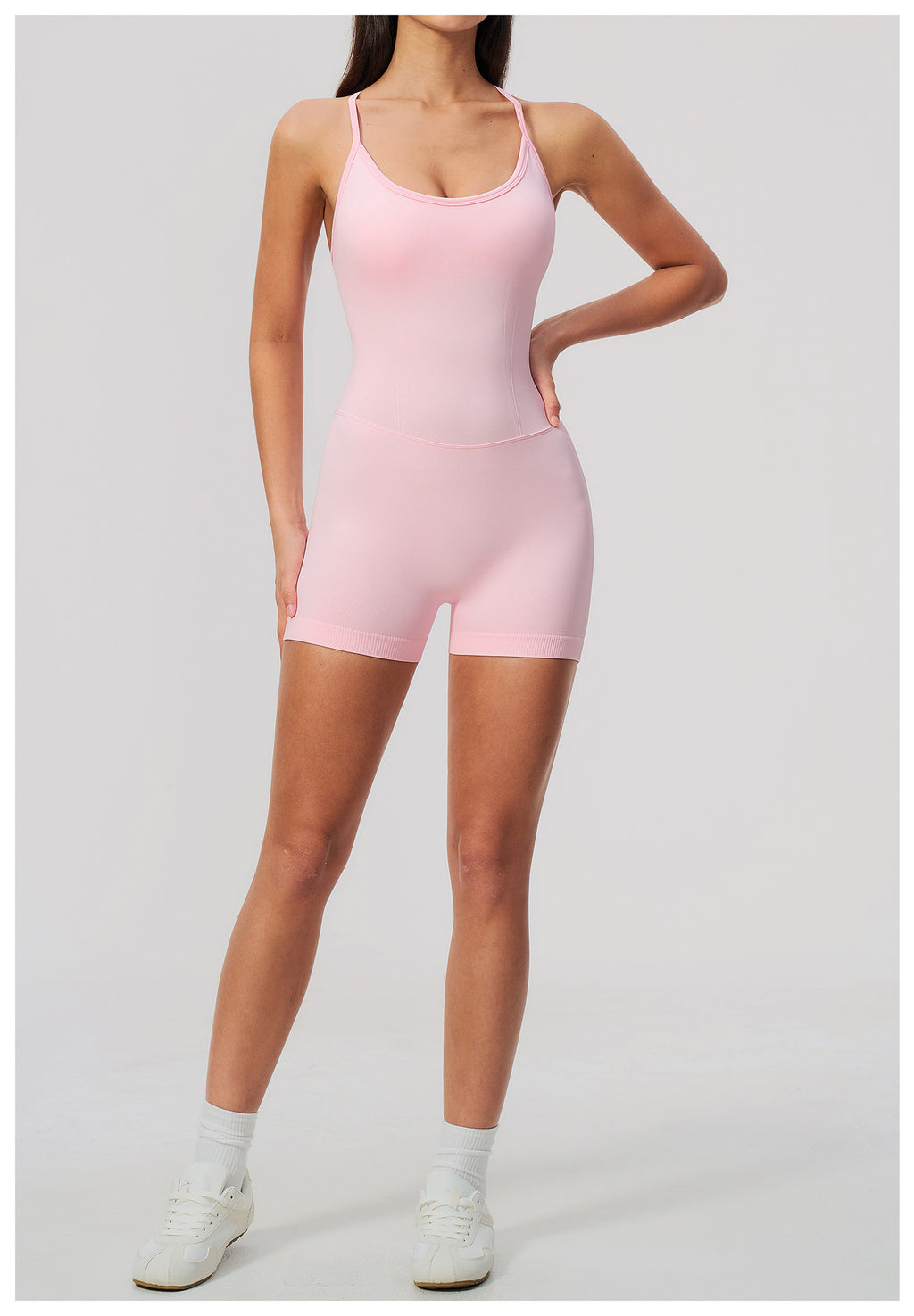 Women Seamless Yoga Romper Y-Back Spaghetti Strap Workout Bodysuit Tummy Control Butt Lifter Short Jumpsuit for Gym Fitness