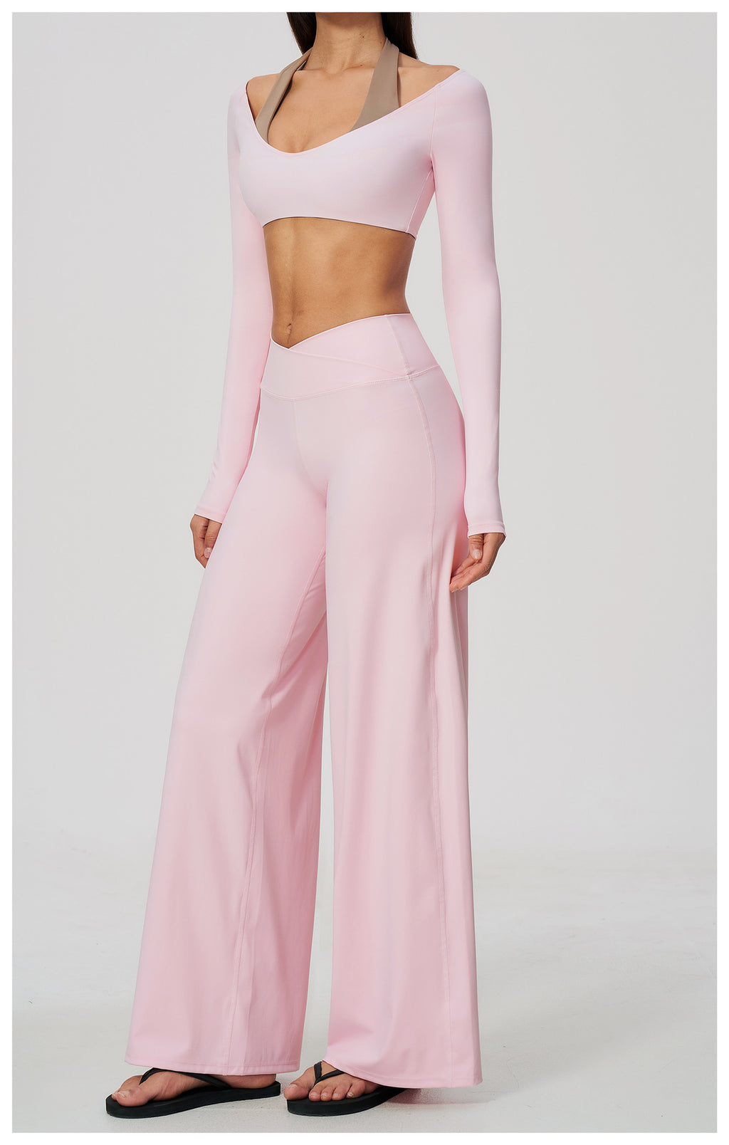 2 Piece Colorblock Halter Long Sleeve Cropped Yoga Top and Cross Waist Wide Leg Yoga Pants Set