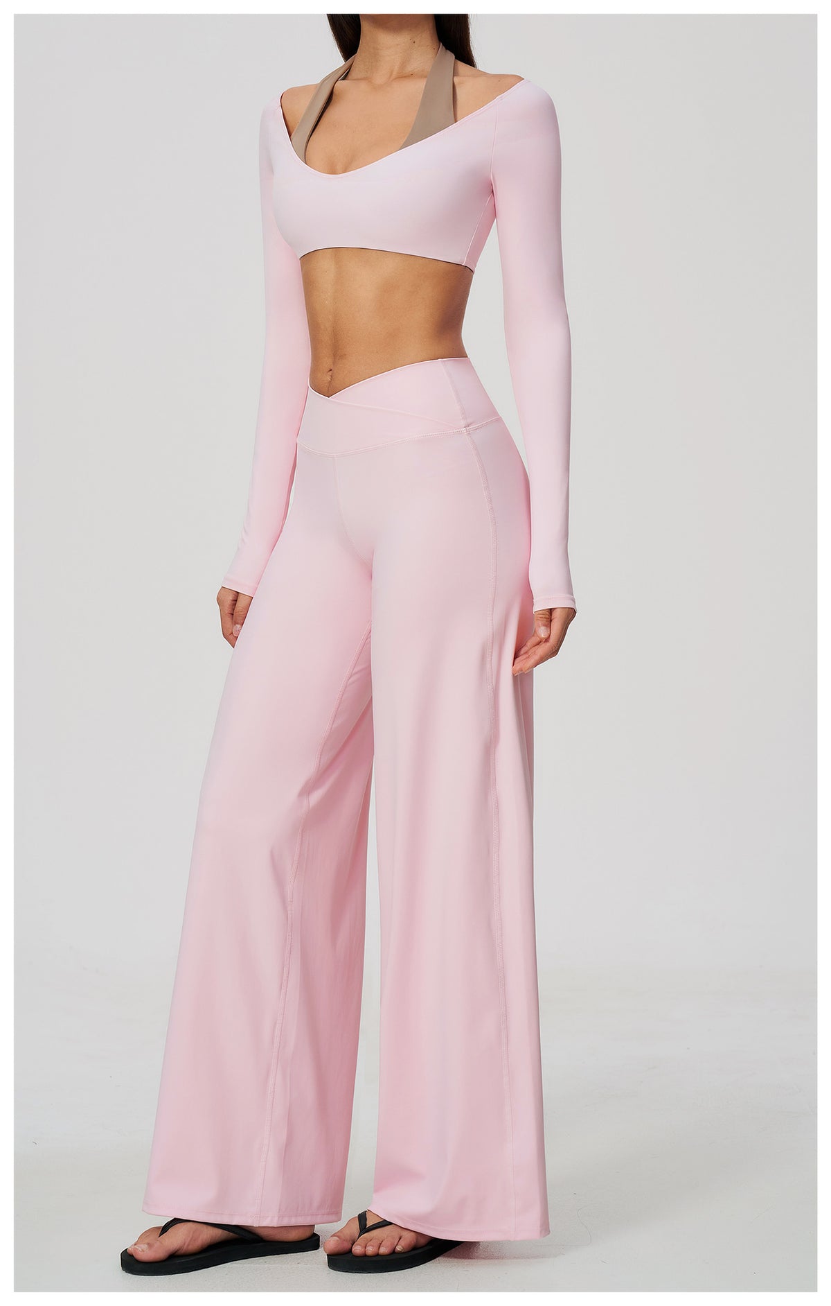 2 Piece Colorblock Halter Long Sleeve Cropped Yoga Top and Cross Waist Wide Leg Yoga Pants Set
