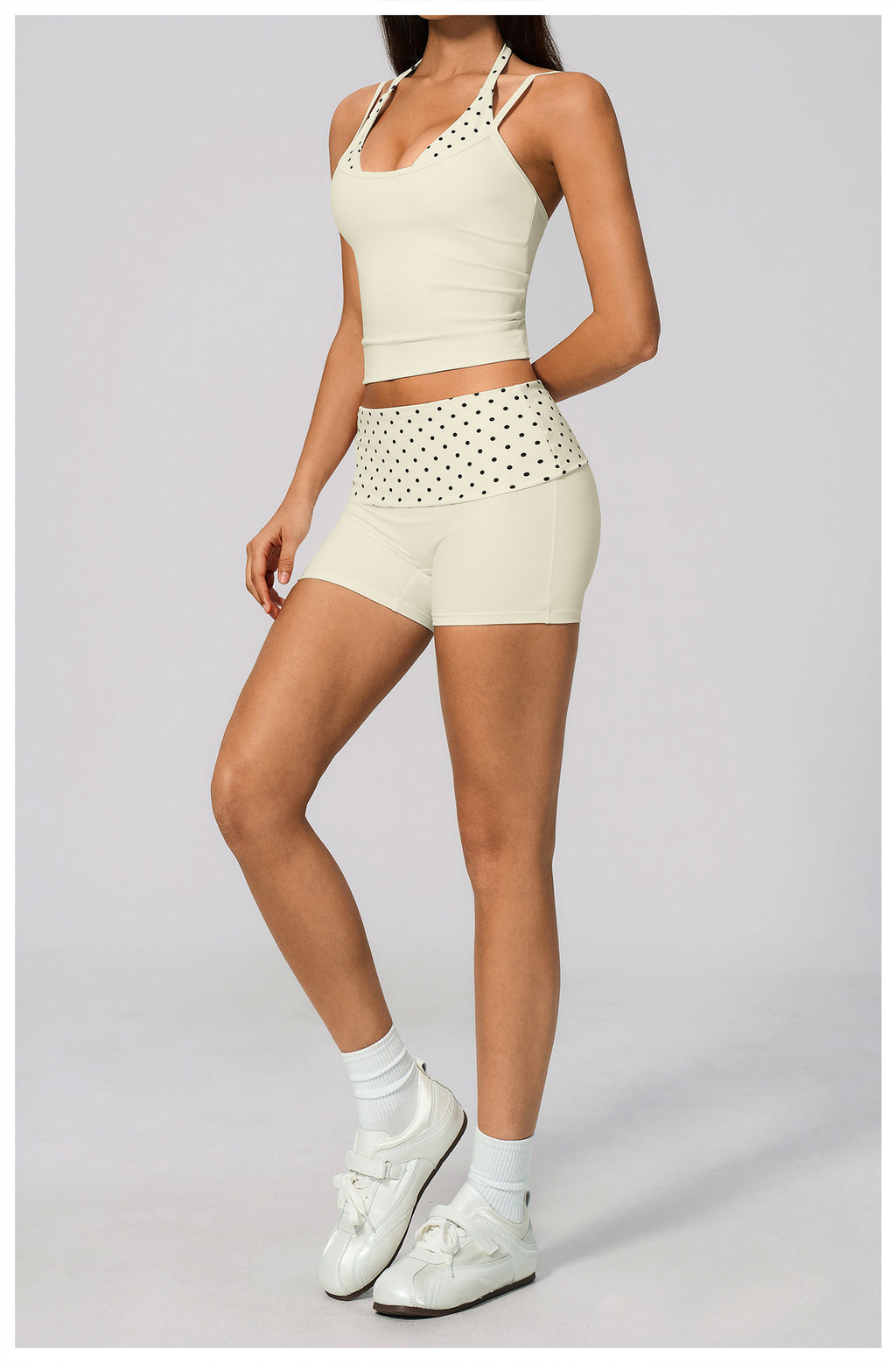Women 2 Piece Yoga Set Halter Fake Two Piece Yoga Vest and Fold Over Striped Waist Biker Shorts