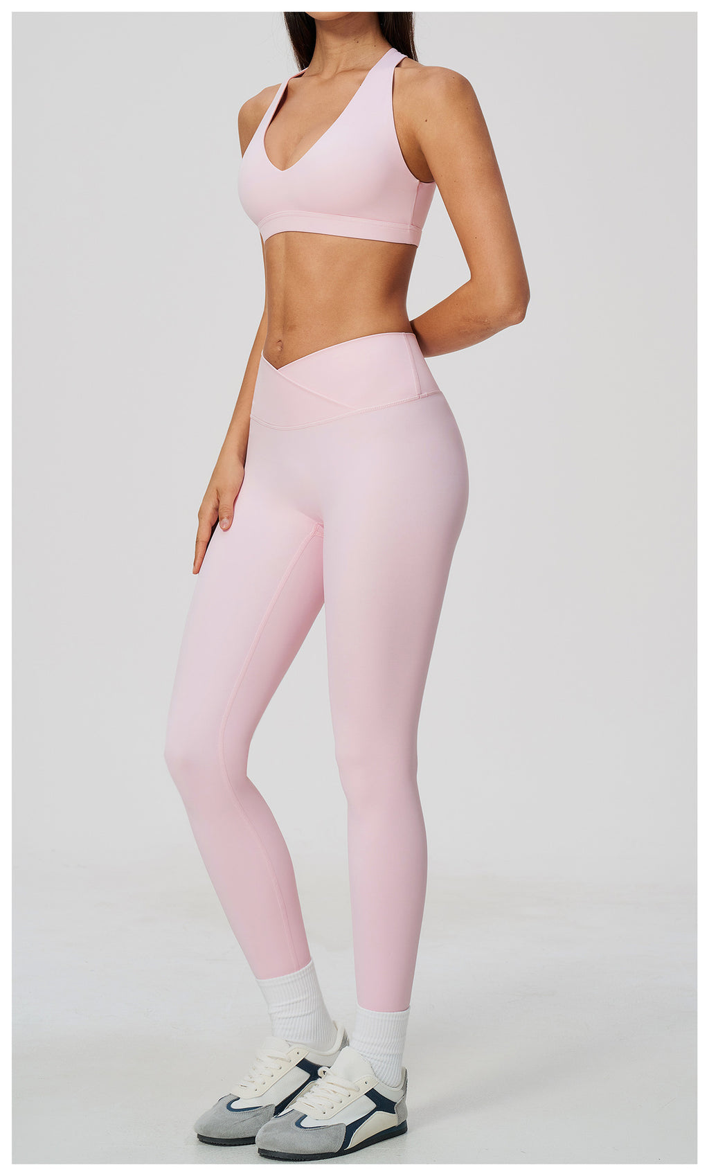 2 Piece Deep V-Neck Sports Bra and Cross Waist Yoga Leggings Set