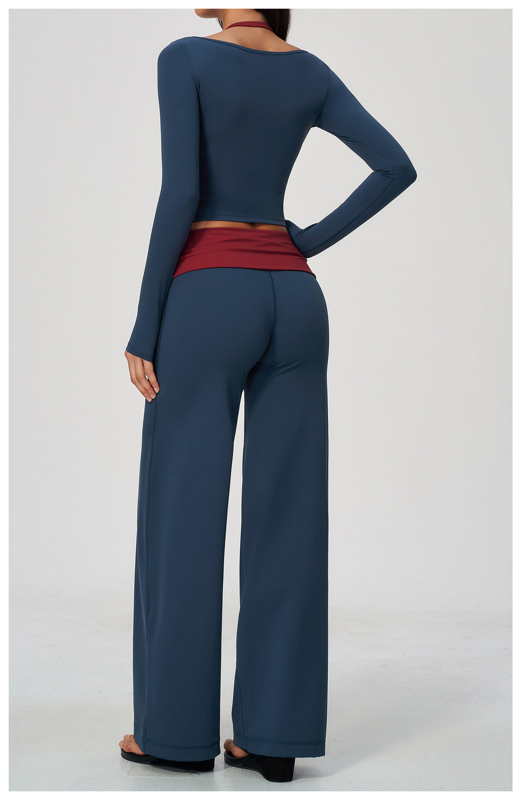 2 Piece Colorblock Double Strap Halter Long Sleeve Cropped Fitness Yoga Top and Foldover Waist High-Rise Loose Wide Leg Yoga Pants Set