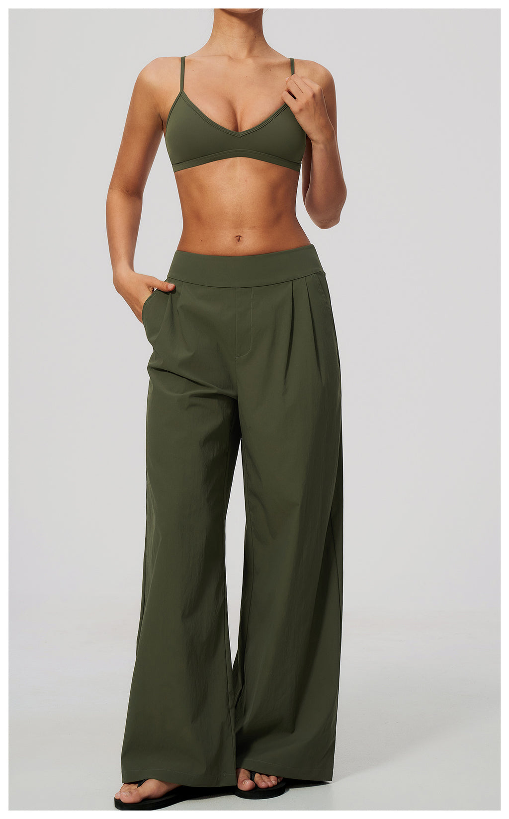 2 Piece Set Women V Neck Twist Back Adjustable Spaghetti Straps Sports Bra and High Waist Loose Casual Sports Wide Leg Pants