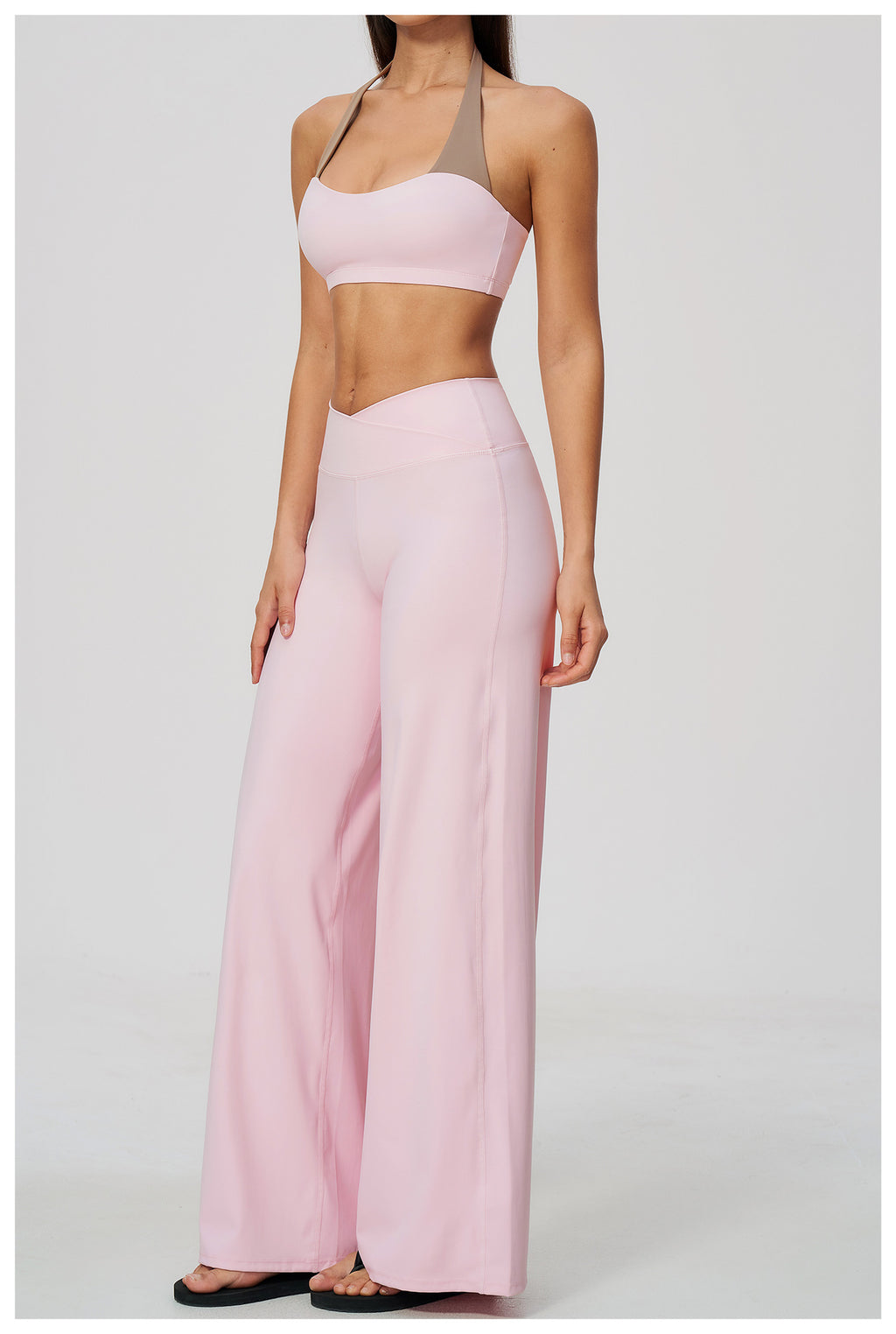 2 Piece Colorblock Halter Sports Bra and Cross Waist Wide Leg Yoga Pants Set