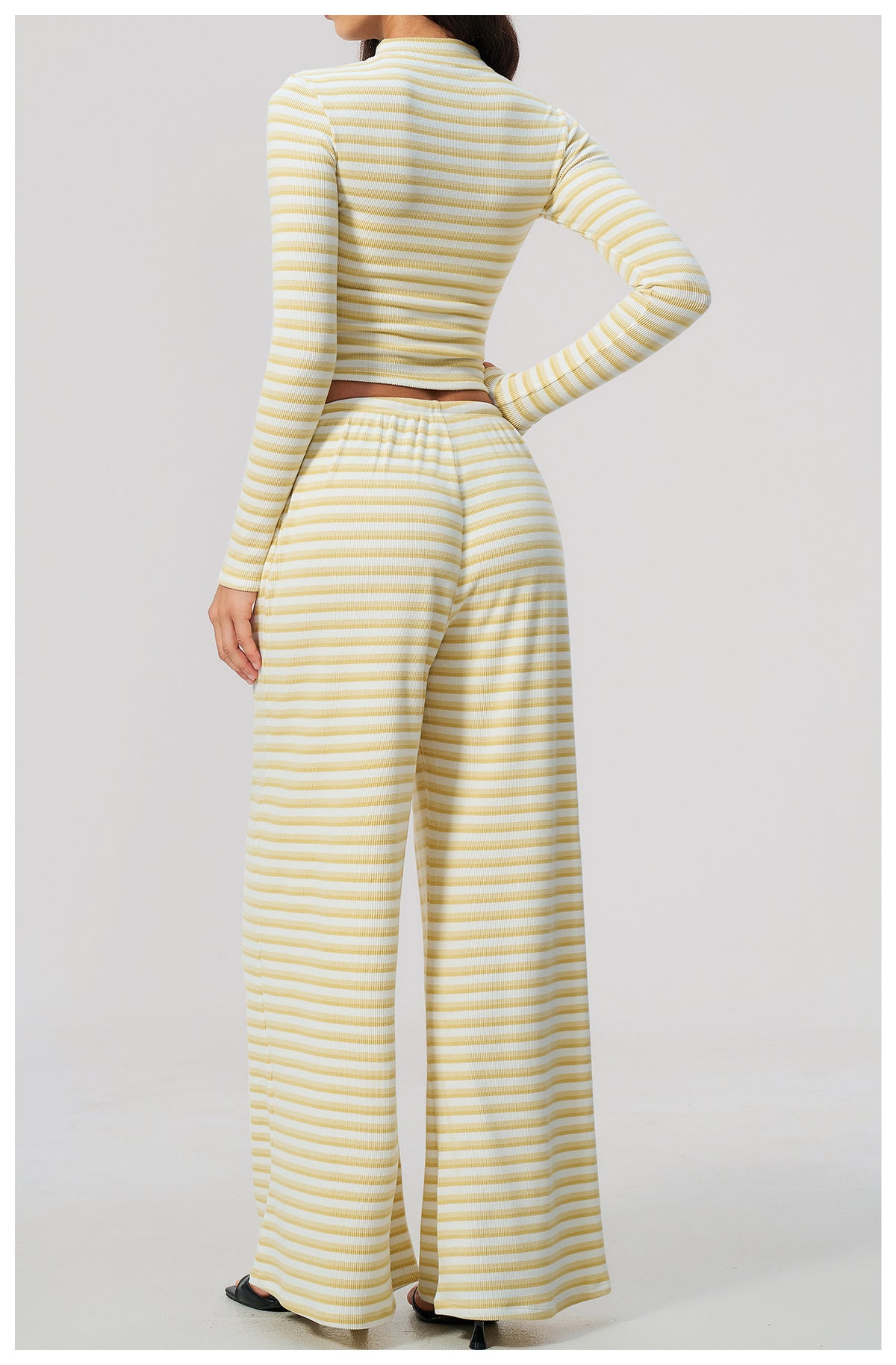 2 Piece Workout Loungewear Set Women Ribbed Striped Stand Collar Long Sleeve Cropped Zip up Jacket and Elastic Drawstring Waist Wide Leg Pants with Pocket