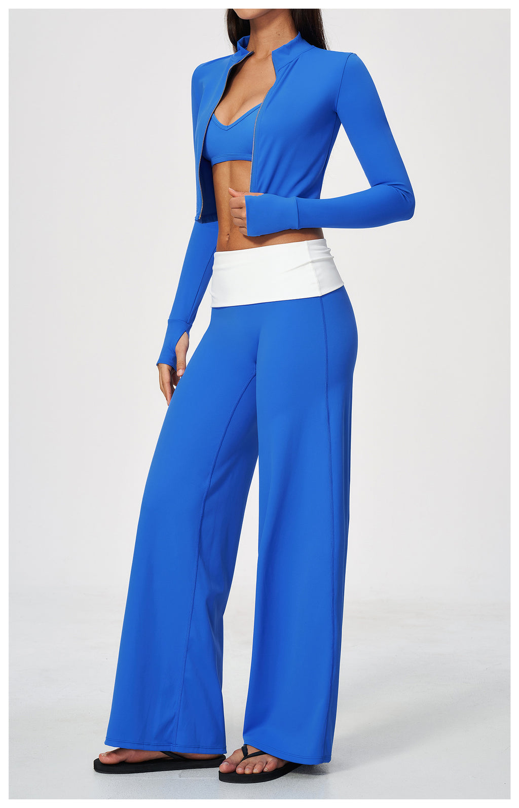 3 Piece Set Deep V-Neck Halter Thin Strap Backless Sports Bra and Stand Collar Full Zip Cropped Running Workout Jacket and High Waisted Wide Leg Yoga Athletic Pants