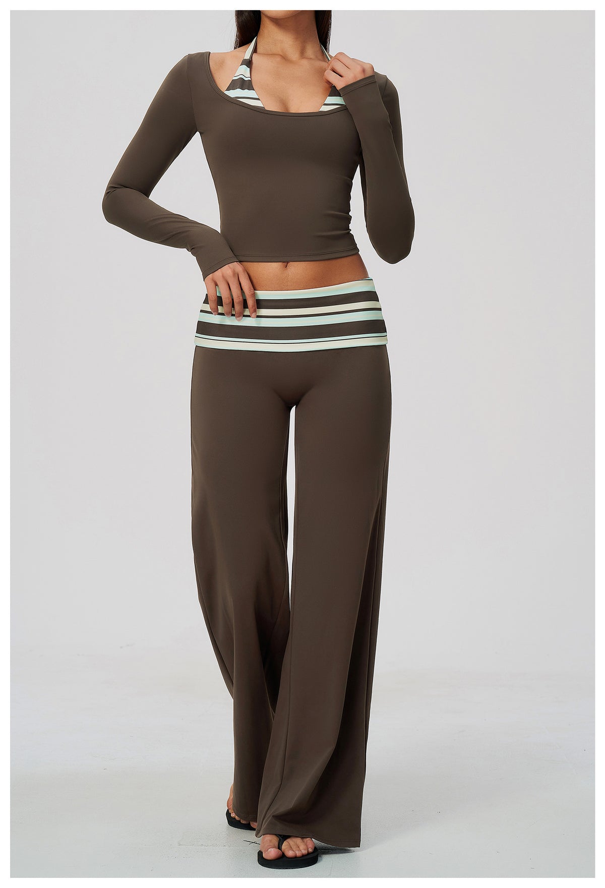 Women 2 Piece Yoga Set Halter Fake Two Piece Long Sleeve Yoga Top and Fold Over Striped Waist Wide Leg Workout Pants
