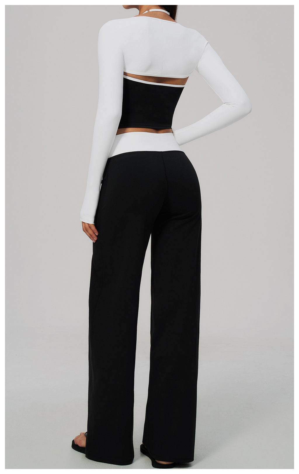 Women 3 Piece Contrast Color Halter Neck Yoga Set Long Sleeve Shrug V Neck Yoga Vest Wide Leg Pants