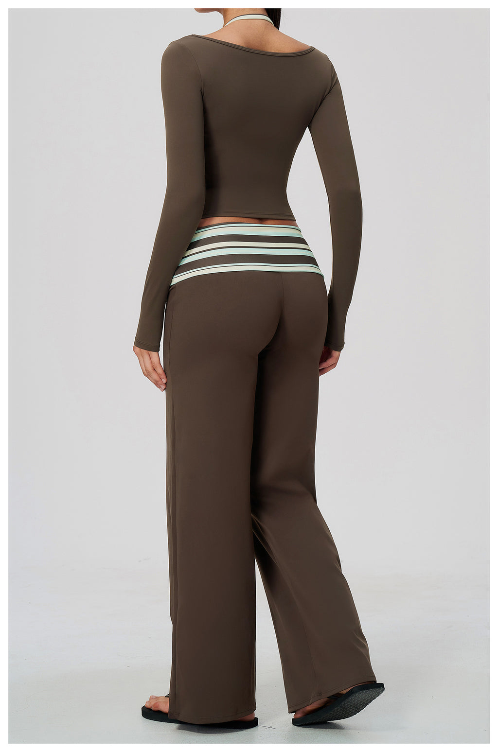 Women 2 Piece Yoga Set Halter Fake Two Piece Long Sleeve Yoga Top and Fold Over Striped Waist Wide Leg Workout Pants