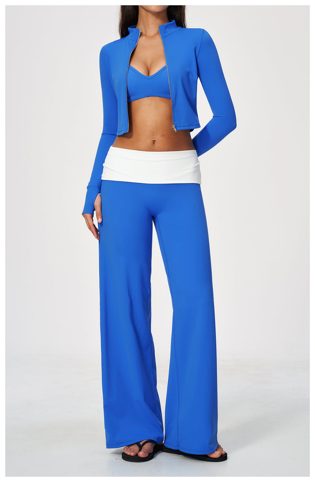 3 Piece Set Deep V-Neck Halter Thin Strap Backless Sports Bra and Stand Collar Full Zip Cropped Running Workout Jacket and High Waisted Wide Leg Yoga Athletic Pants