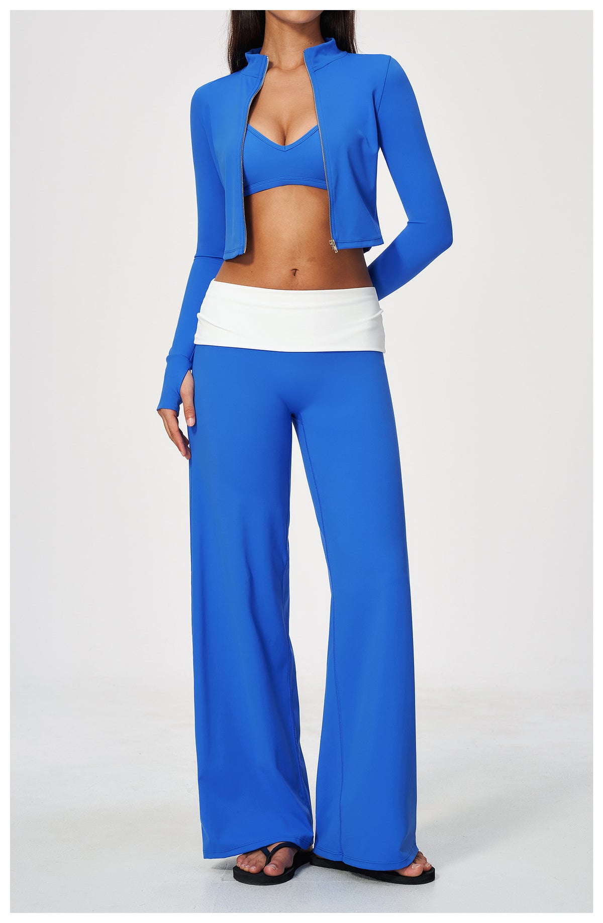 3 Piece Set Deep V-Neck Halter Thin Strap Backless Sports Bra and Stand Collar Full Zip Cropped Running Workout Jacket and High Waisted Wide Leg Yoga Athletic Pants
