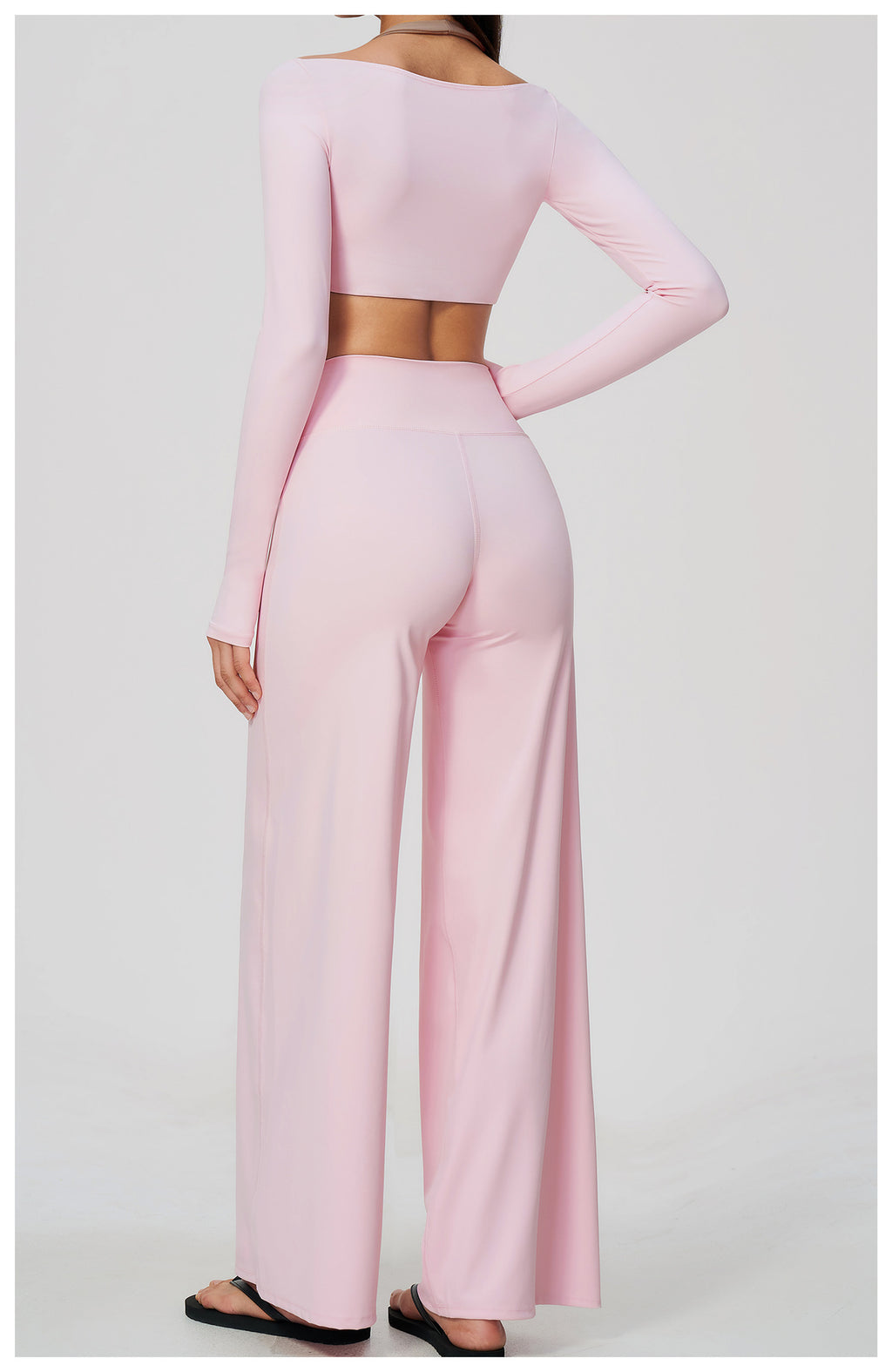 2 Piece Colorblock Halter Long Sleeve Cropped Yoga Top and Cross Waist Wide Leg Yoga Pants Set