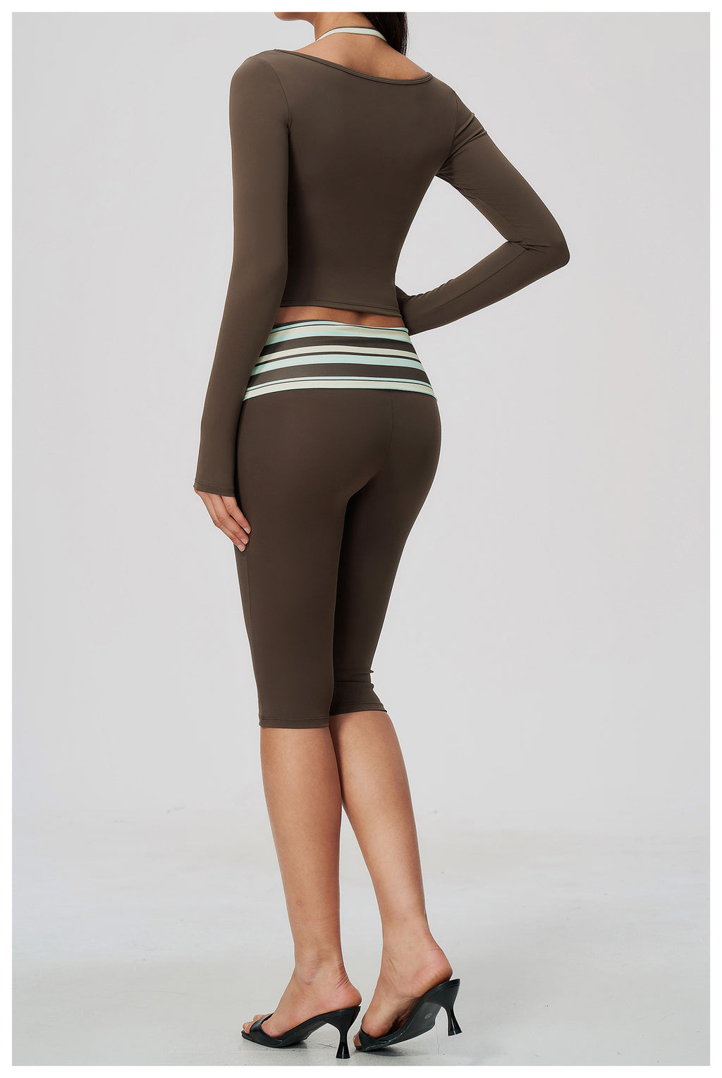 Women 2 Piece Yoga Set Halter Fake Two Piece Long Sleeve Yoga Top and Fold Over Striped Waist Capri Yoga Leggings