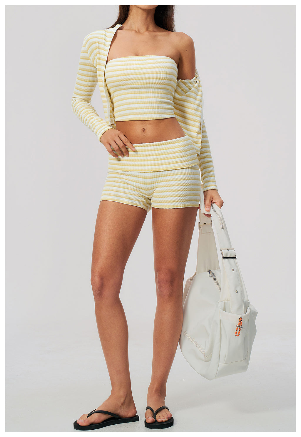 3 Piece Striped Yoga Set Long Sleeve Zip up Jacket Strapless Soft Tube Top Fold Over High Waist Yoga Biker Shorts Workout Outfit Gym Running Sports Activewear Set