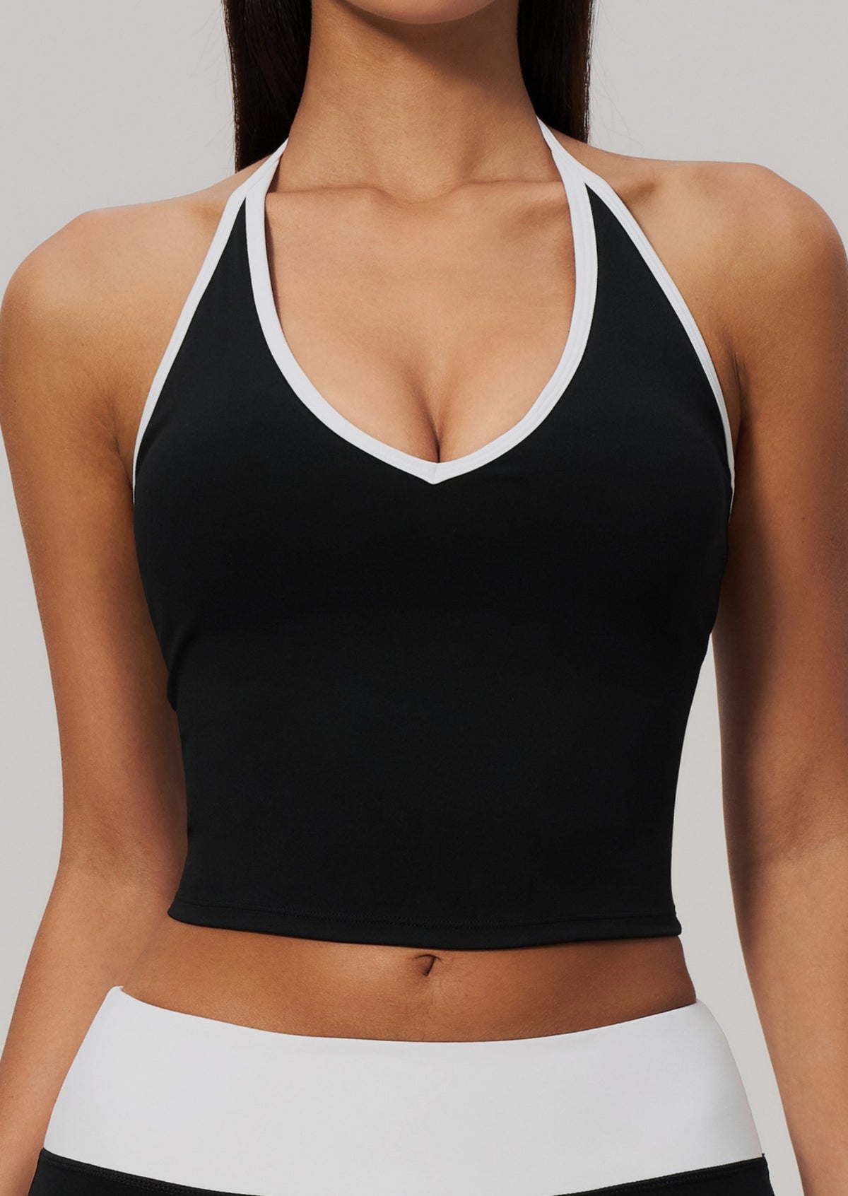 Women ColorBlock V Neck Halter Crop Yoga Tank Top Built in Bra