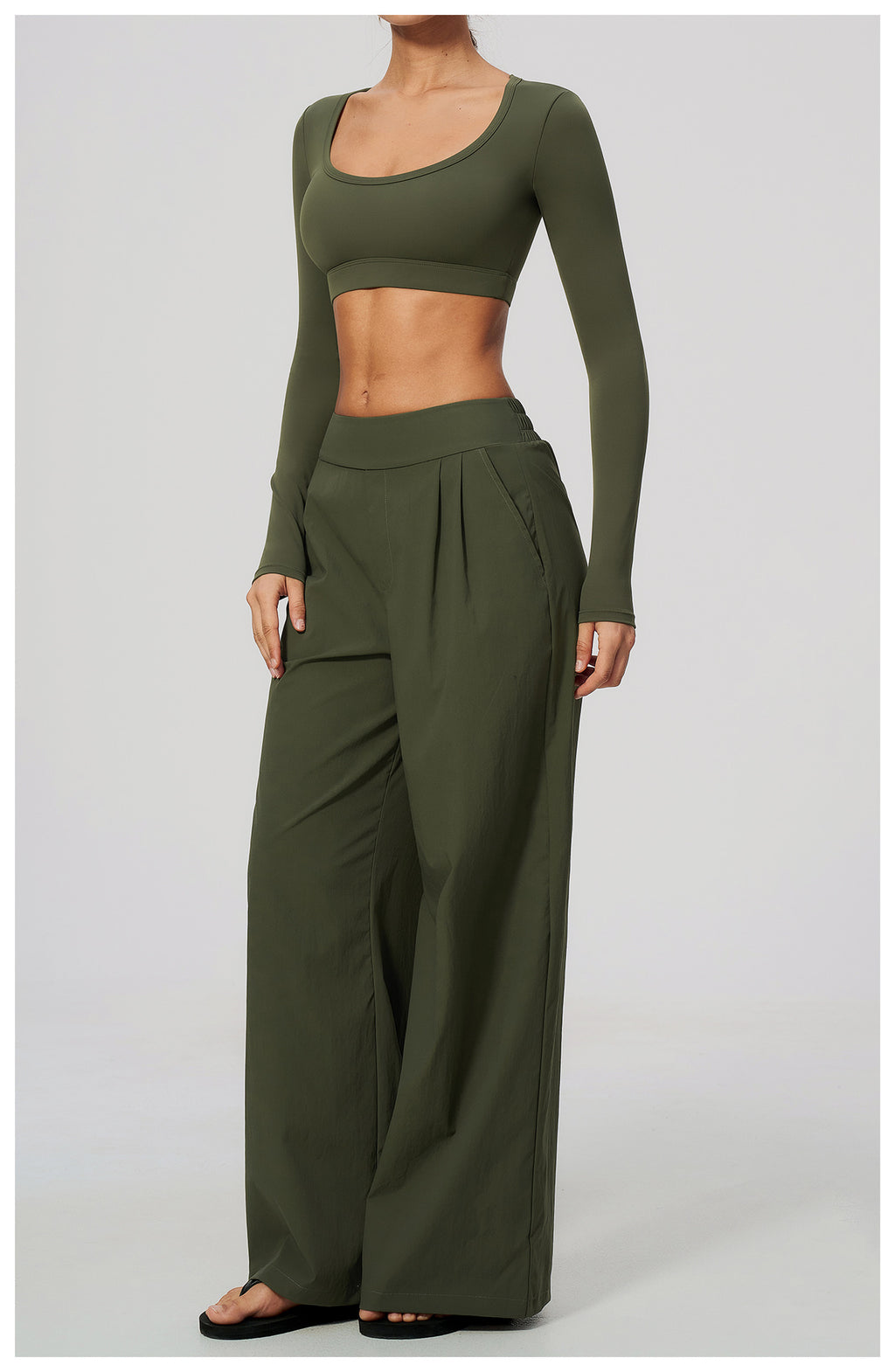 2 Piece Set Women U Neck Long Sleeve Short Workout Top with Removable Padded and High Waist Loose Casual Sports Wide Leg Pants