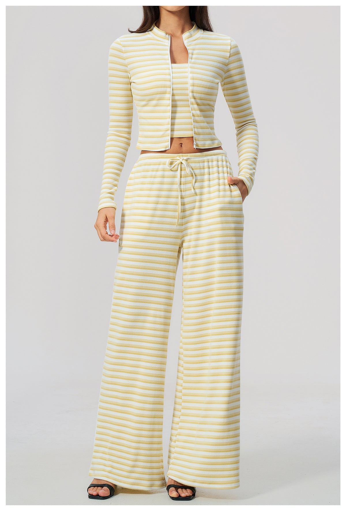 3 Piece Striped Yoga Set Long Sleeve Zip up Jacket Strapless Soft Tube Top Elastic Drawstring Waist Wide Leg Pants Workout Outfit Gym Running Sports Activewear Set