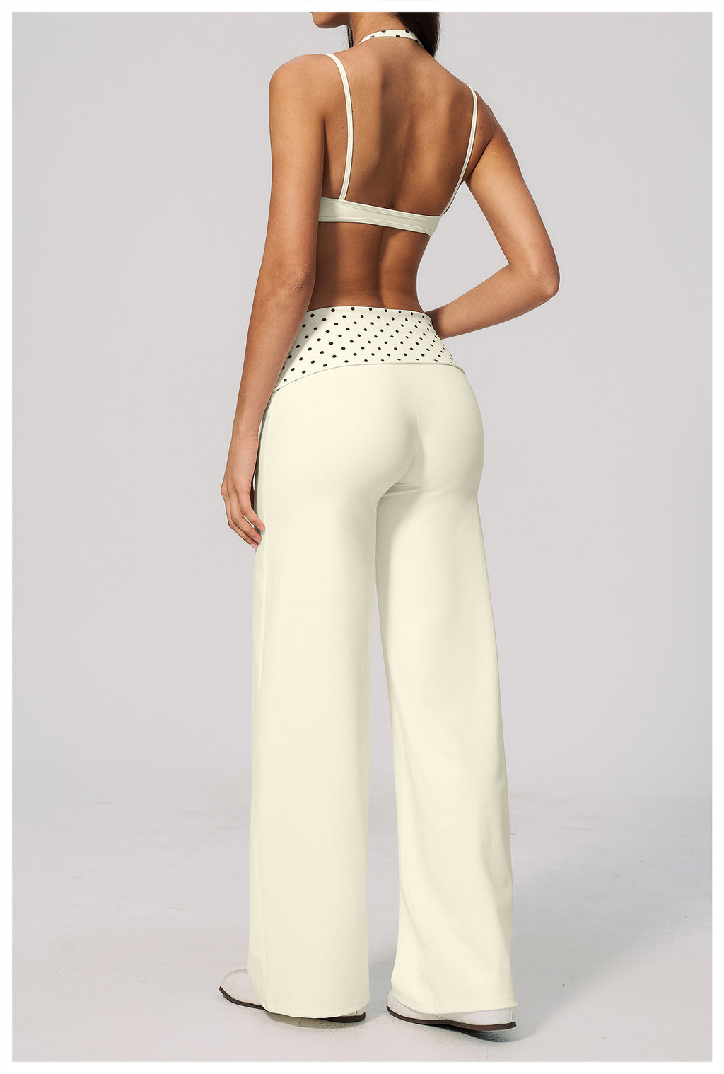 Women 2 Piece Yoga Set Halter Fake Two Piece Sports Bra and Fold Over Striped Waist Wide Leg Workout Pants
