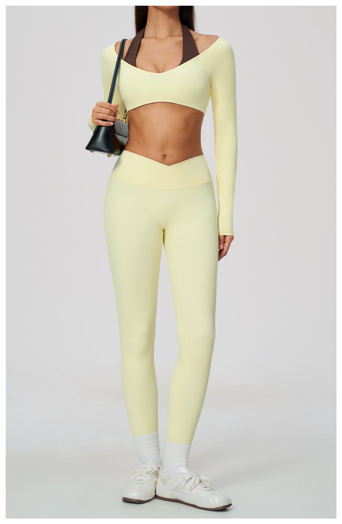 2 Piece Colorblock Halter Long Sleeve Cropped Yoga Top and Cross Waist Yoga Leggings Set