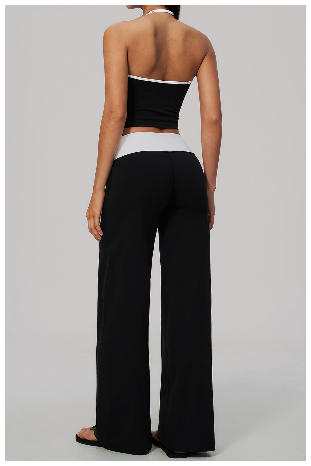 Women Two Piece Color Block Halter Yoga Set V Neck Crop Workout Top Wide Leg Yoga Pants