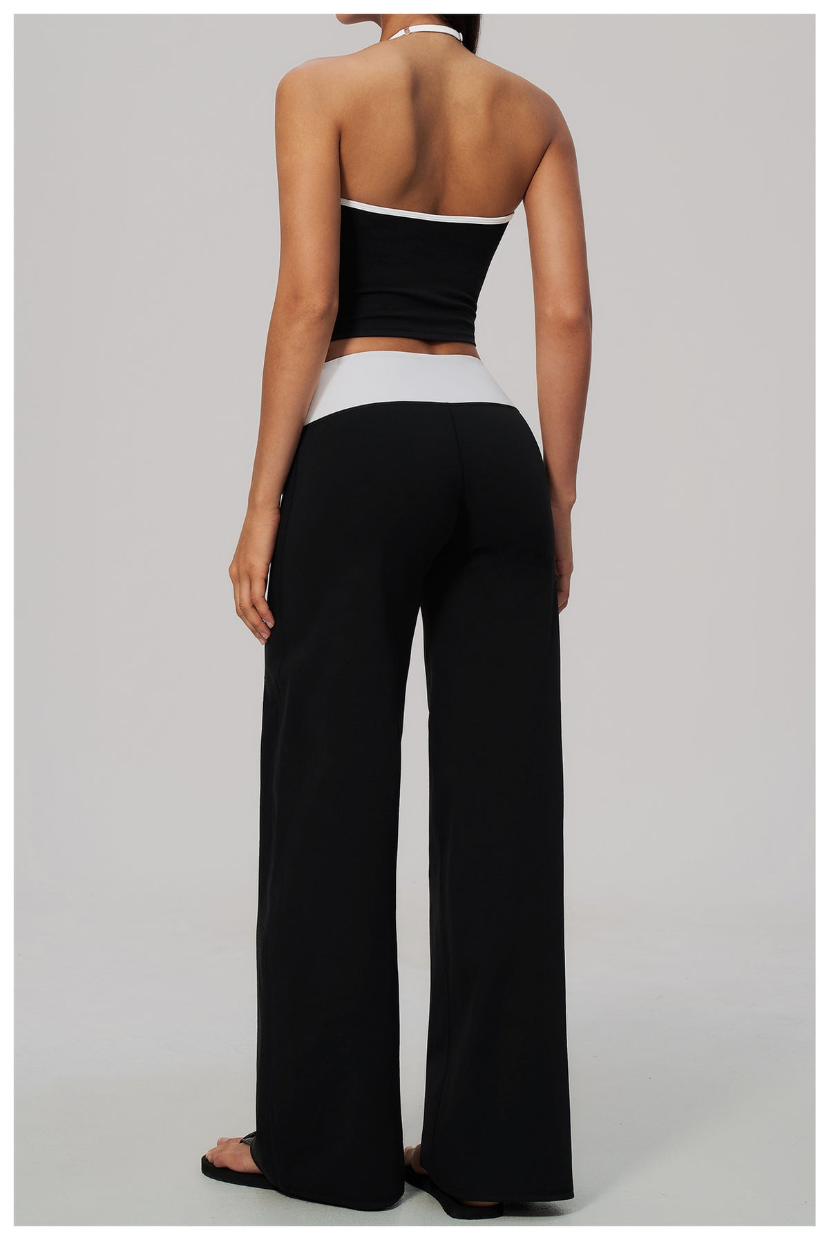 Women Two Piece Color Block Halter Yoga Set V Neck Crop Workout Top Wide Leg Yoga Pants