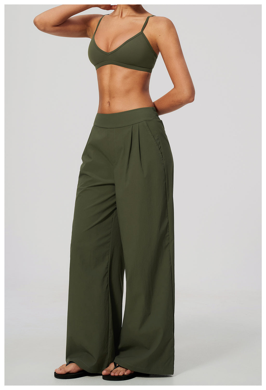 2 Piece Set Women V Neck Twist Back Adjustable Spaghetti Straps Sports Bra and High Waist Loose Casual Sports Wide Leg Pants