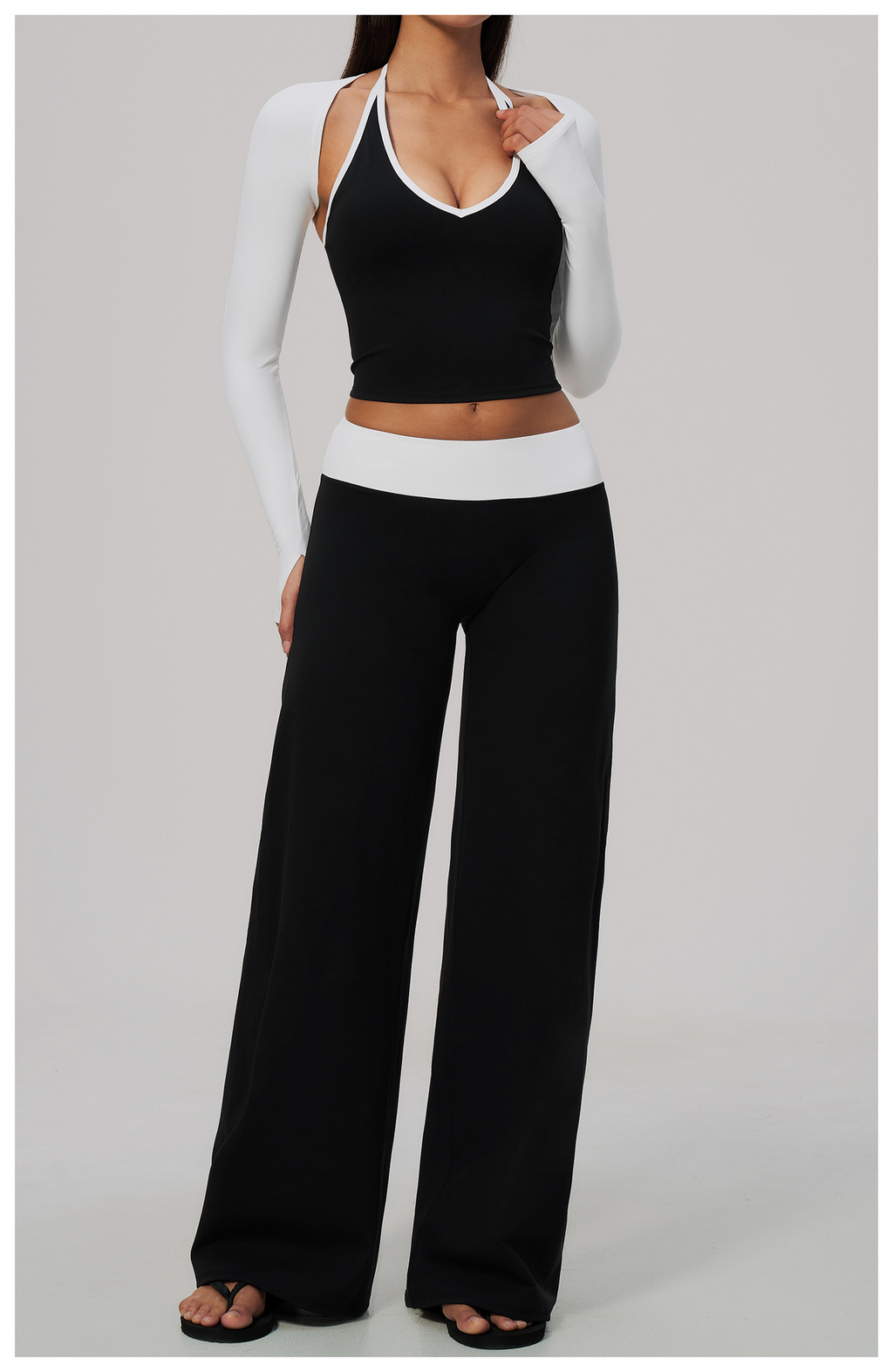 Women 3 Piece Contrast Color Halter Neck Yoga Set Long Sleeve Shrug V Neck Yoga Vest Wide Leg Pants