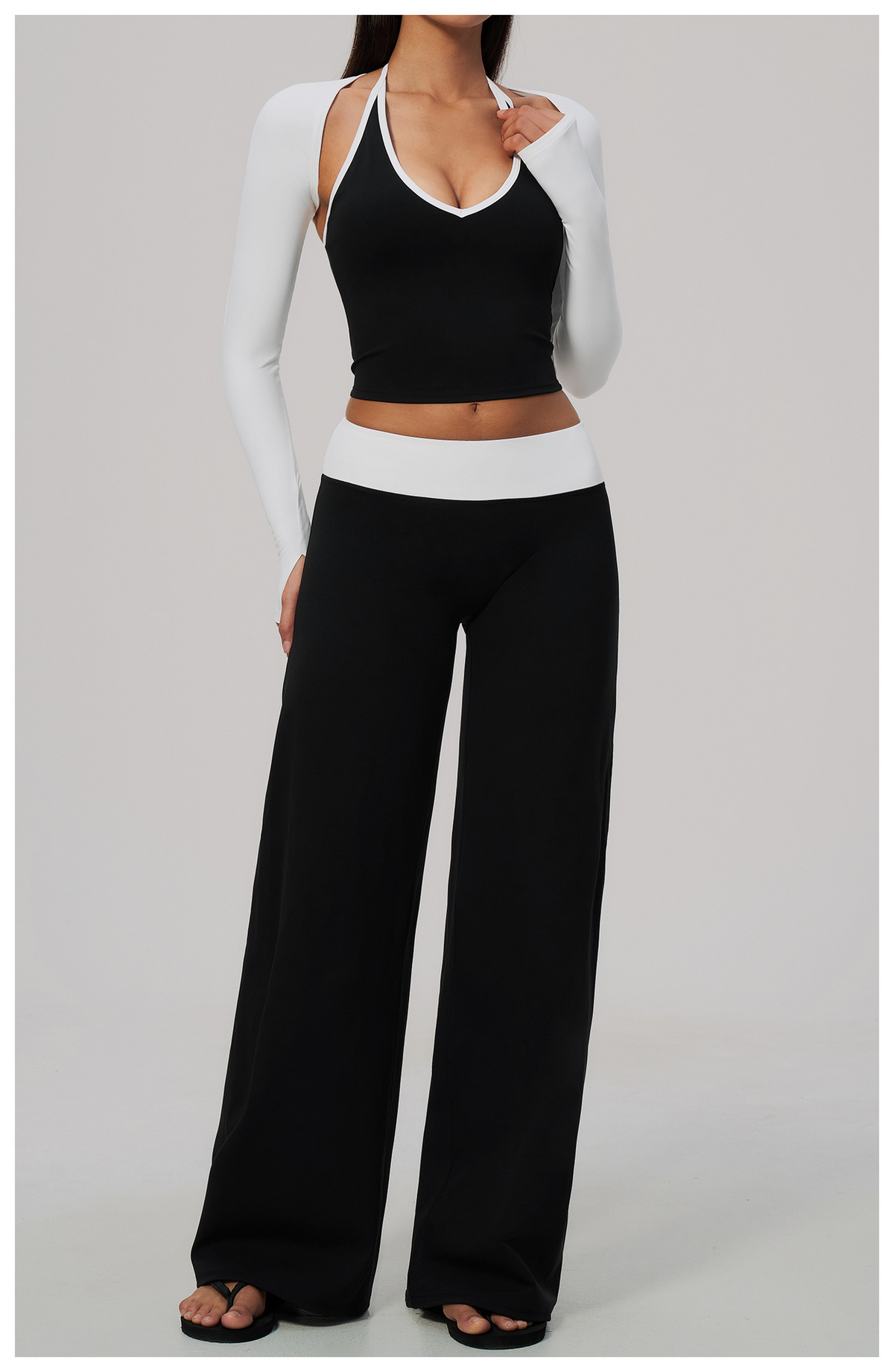 Women 3 Piece Contrast Color Halter Neck Yoga Set Long Sleeve Shrug V Neck Yoga Vest Wide Leg Pants