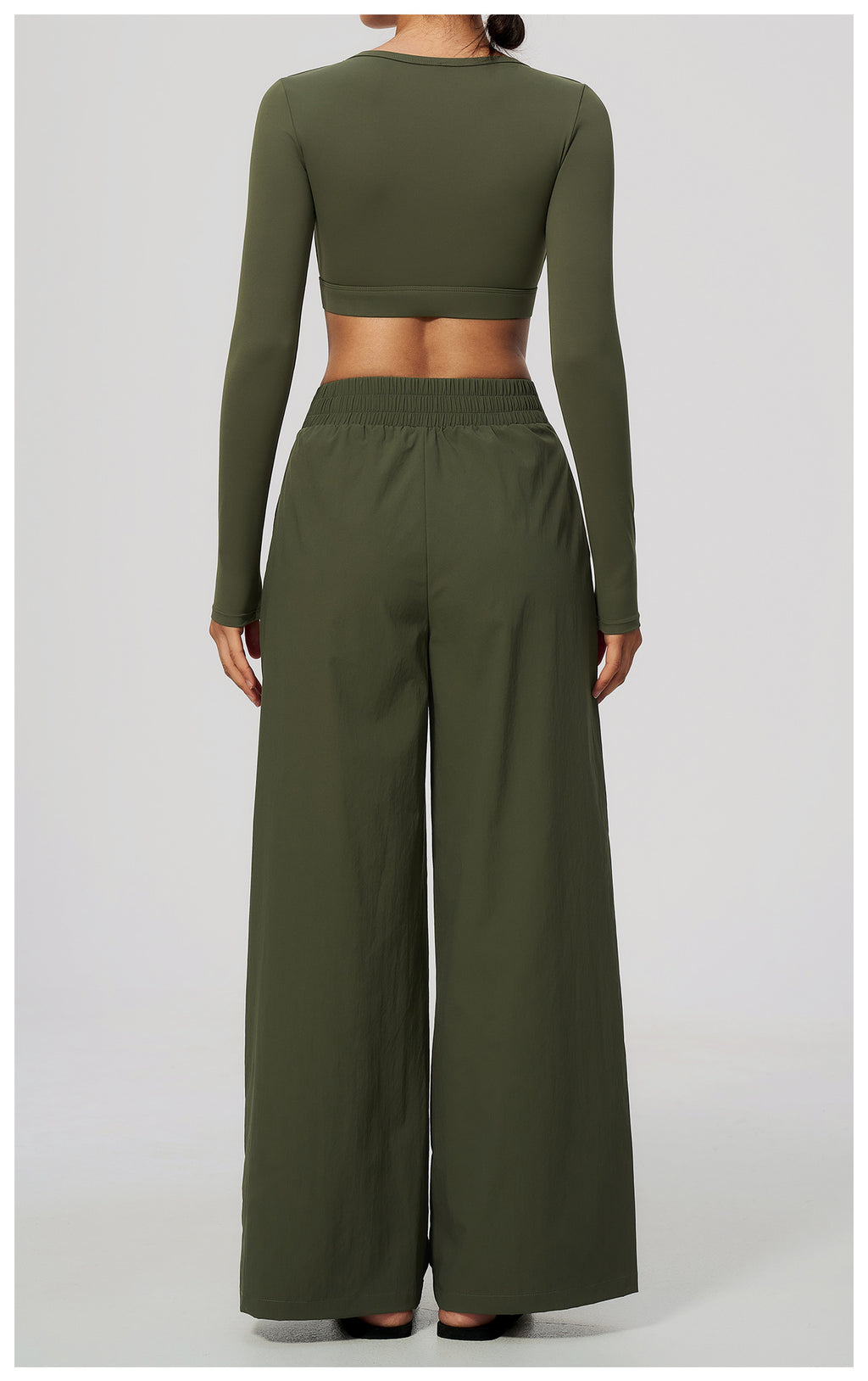2 Piece Set Women U Neck Long Sleeve Short Workout Top with Removable Padded and High Waist Loose Casual Sports Wide Leg Pants