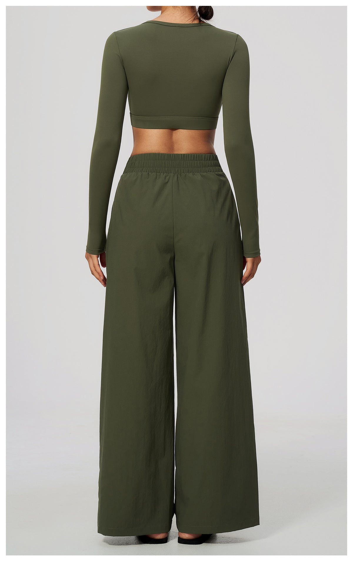 2 Piece Set Women U Neck Long Sleeve Short Workout Top with Removable Padded and High Waist Loose Casual Sports Wide Leg Pants