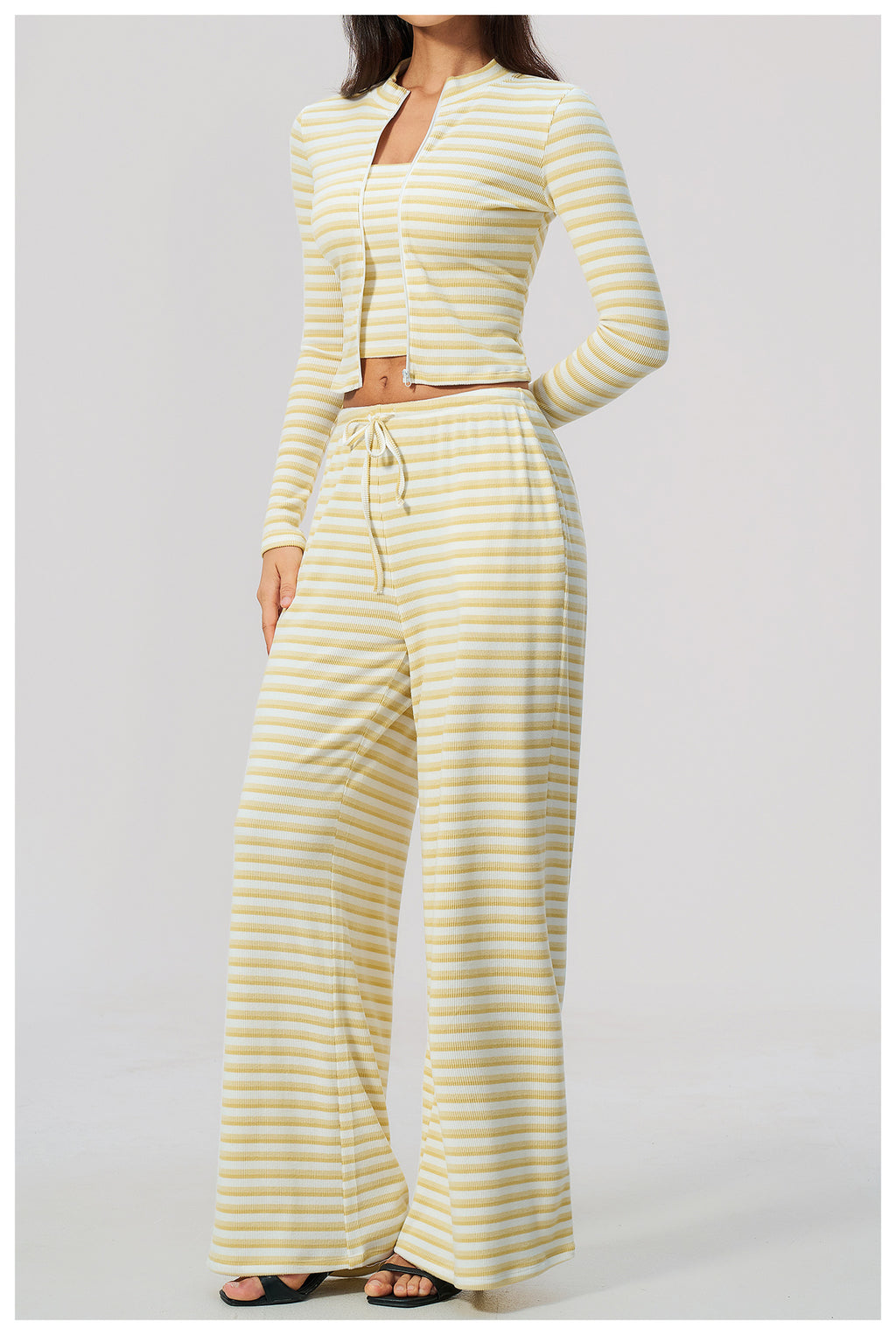 3 Piece Striped Yoga Set Long Sleeve Zip up Jacket Strapless Soft Tube Top Elastic Drawstring Waist Wide Leg Pants Workout Outfit Gym Running Sports Activewear Set