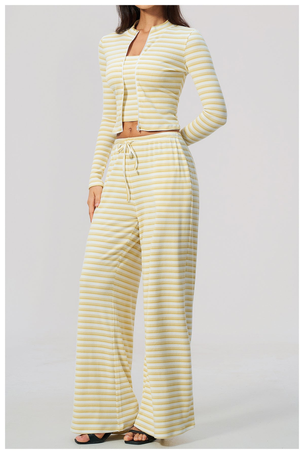 3 Piece Striped Yoga Set Long Sleeve Zip up Jacket Strapless Soft Tube Top Elastic Drawstring Waist Wide Leg Pants Workout Outfit Gym Running Sports Activewear Set