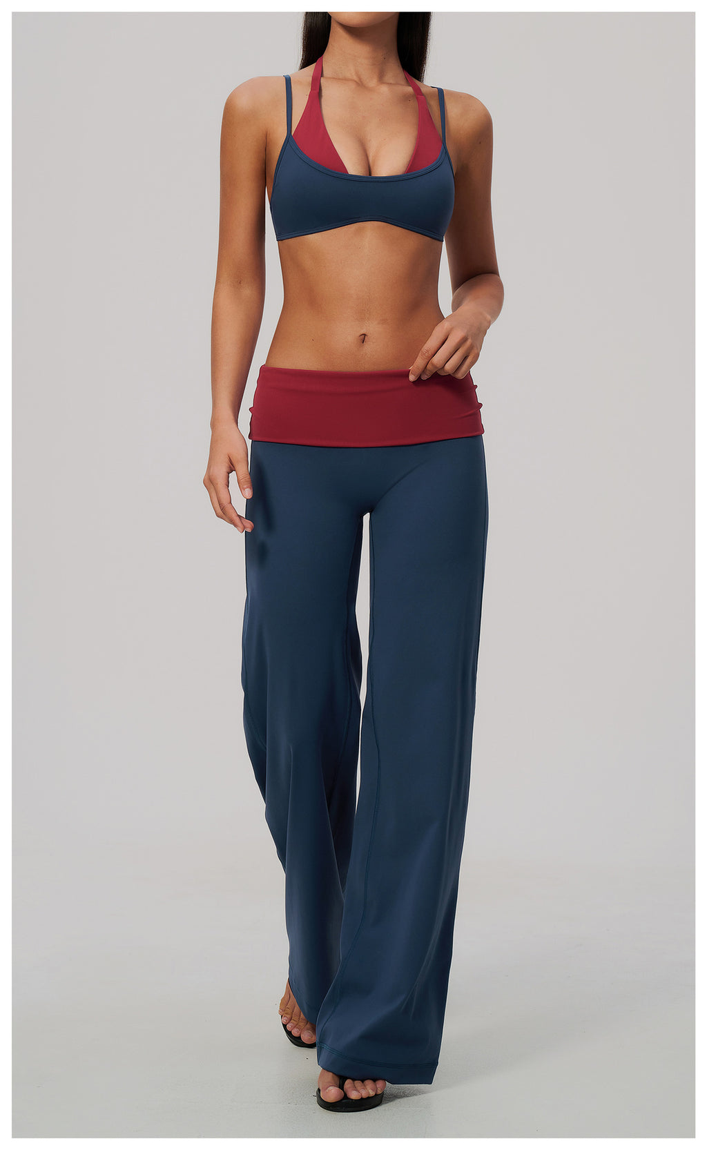 2 Piece Colorblock Double Strap Halter Sports Bra and Foldover Waist High-Rise Loose Wide Leg Yoga Pants Set