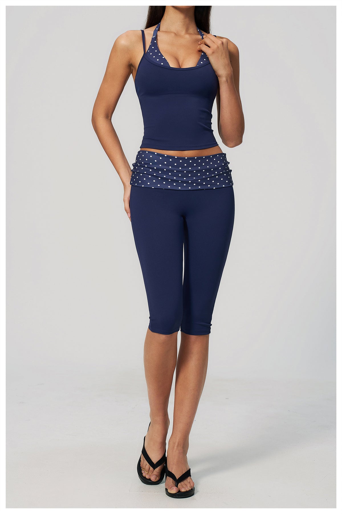 Women 2 Piece Yoga Set Halter Fake Two Piece Yoga Vest and Fold Over Striped Waist Capri Yoga Leggings