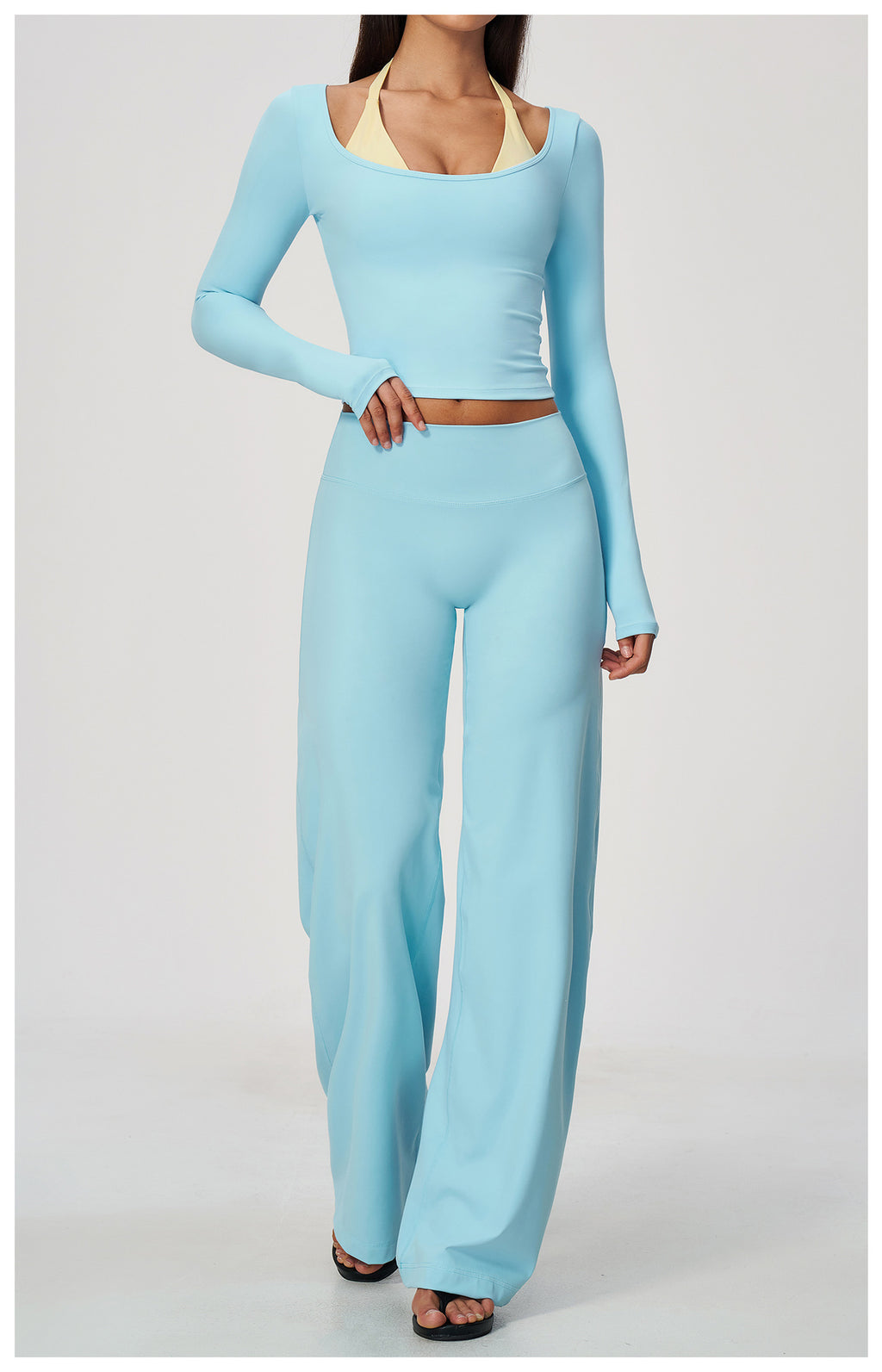2 Piece Colorblock Double Strap Halter Long Sleeve Cropped Fitness Yoga Top and High Waisted Loose Fit Wide Leg Yoga Pants Set