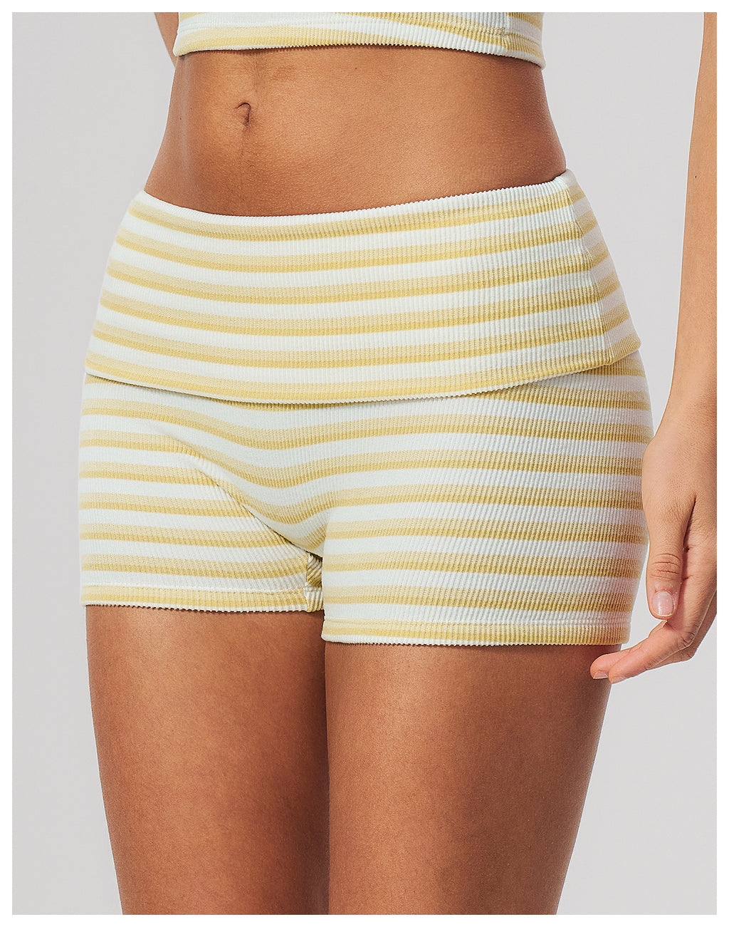 Women Ribbed Striped Fold Over High Waist Yoga Biker Shorts