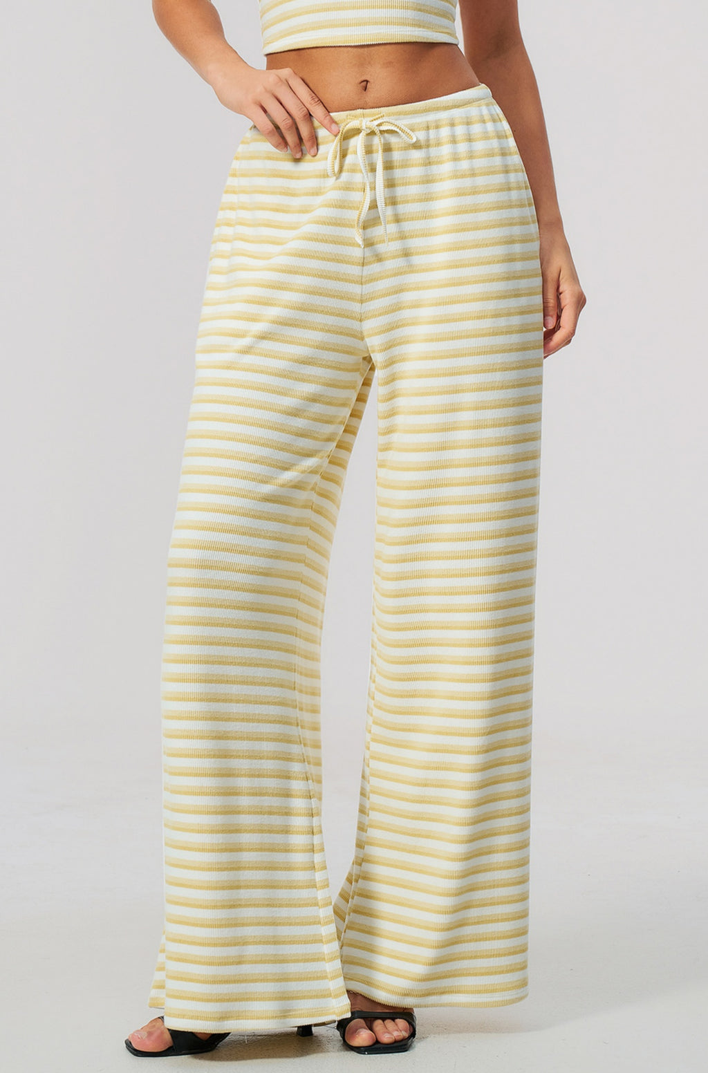 Women Ribbed Striped Wide Leg Pants Elastic Drawstring Waist Casual Loose Trousers With Pockets