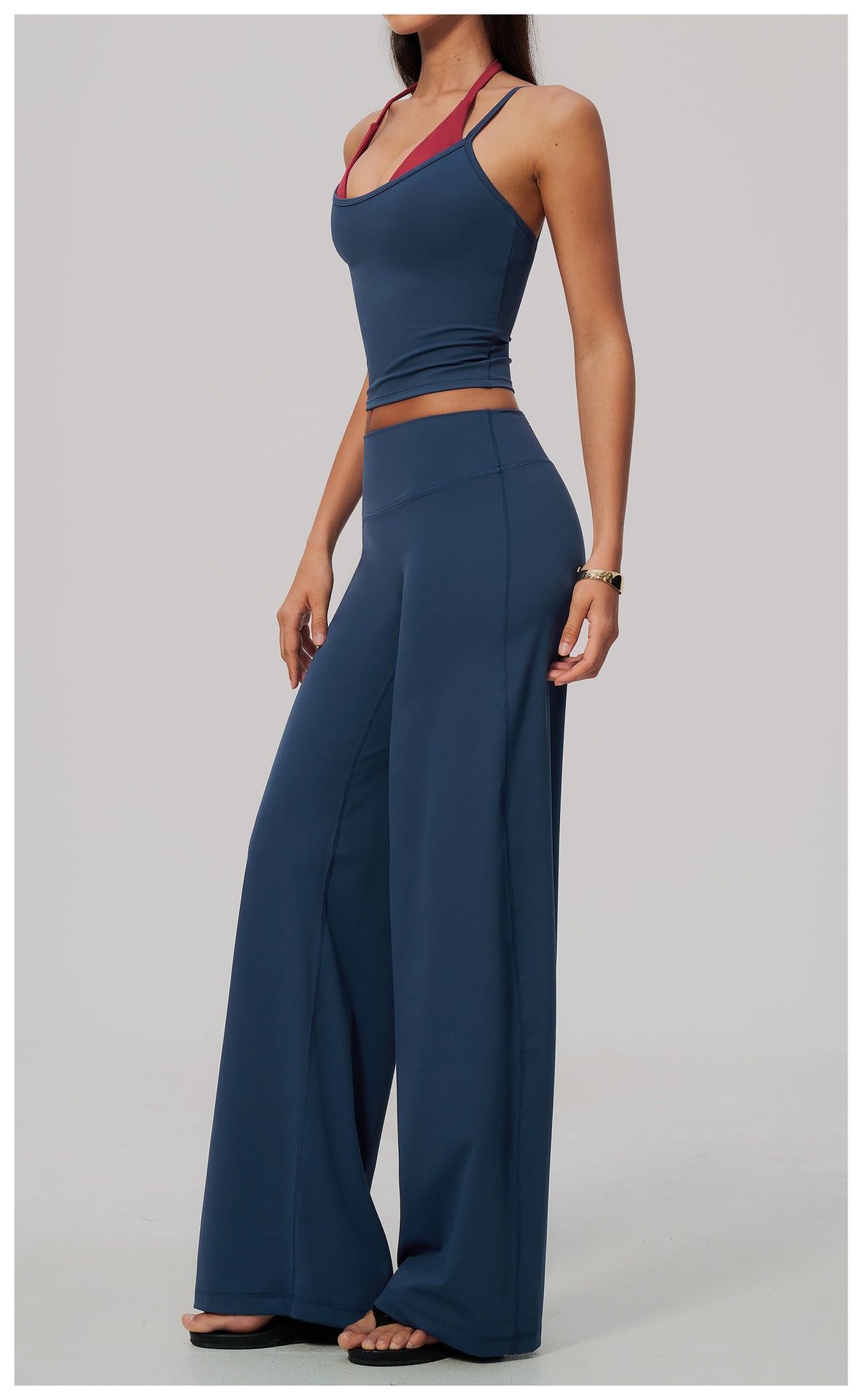 2 Piece Colorblock Double Strap Halter Yoga Vest and High Waisted Loose Fit Wide Leg Yoga Pants Set