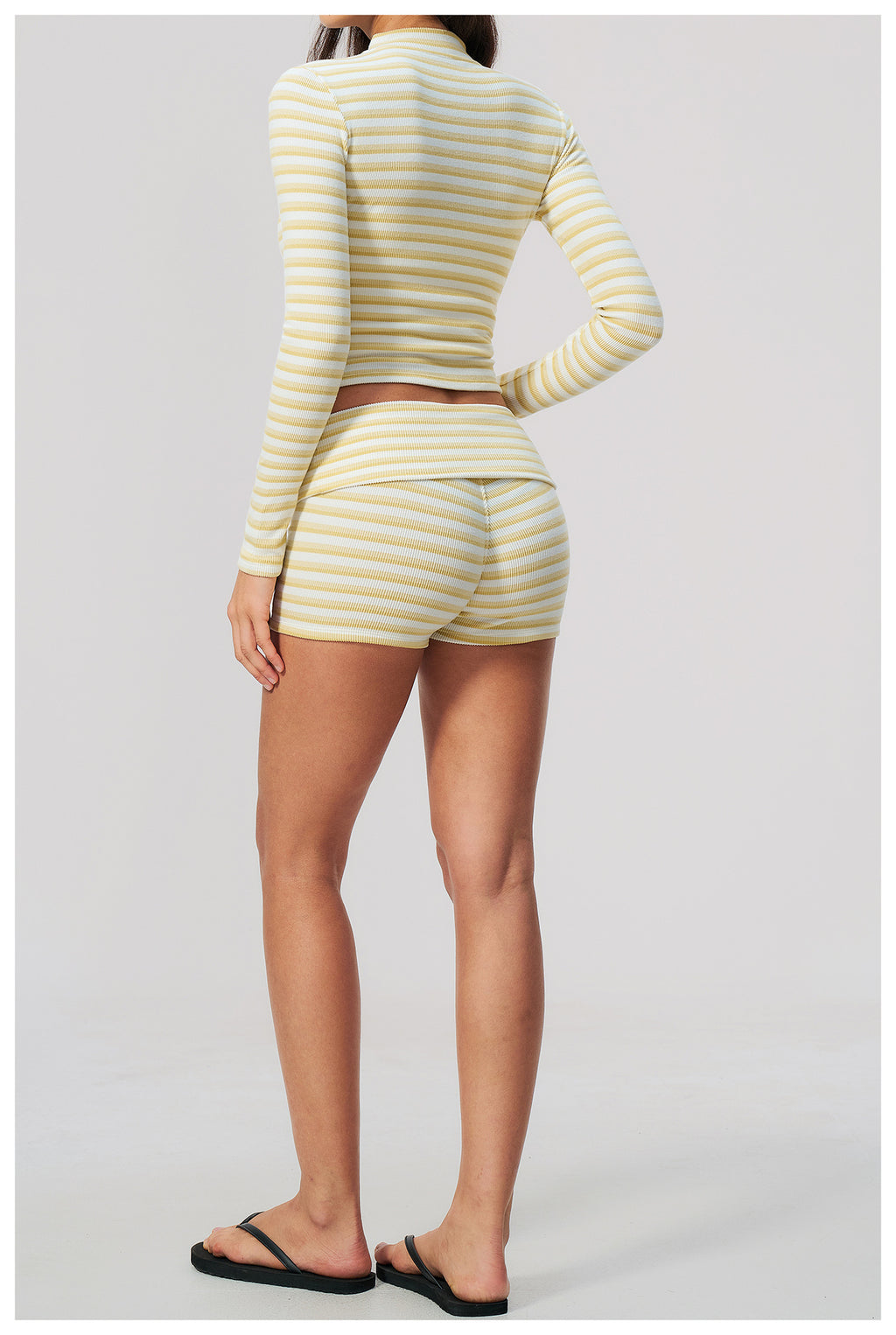 3 Piece Striped Yoga Set Long Sleeve Zip up Jacket Strapless Soft Tube Top Fold Over High Waist Yoga Biker Shorts Workout Outfit Gym Running Sports Activewear Set