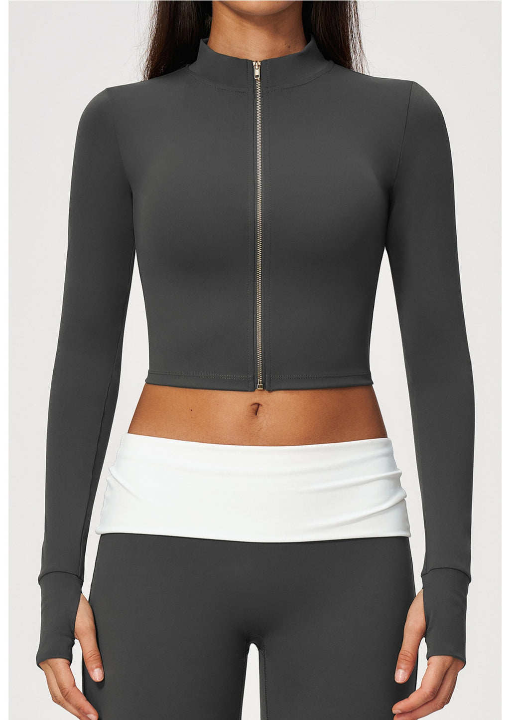 Women Stand Collar Full Zip Cropped Running Yoga Workout Jacket with Thumb Holes