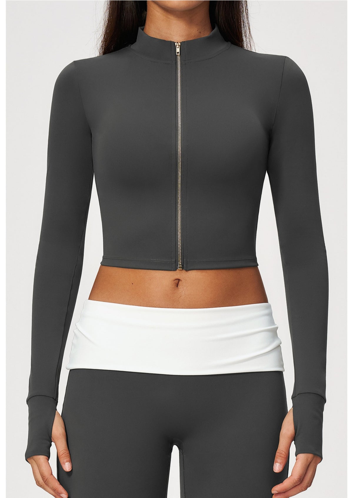 Women Stand Collar Full Zip Cropped Running Yoga Workout Jacket with Thumb Holes