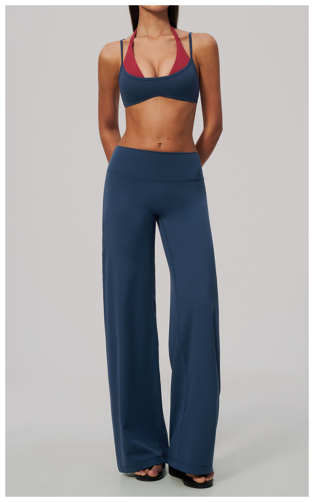 2 Piece Colorblock Double Strap Halter Sports Bra and High Waisted Loose Fit Wide Leg Yoga Pants Set