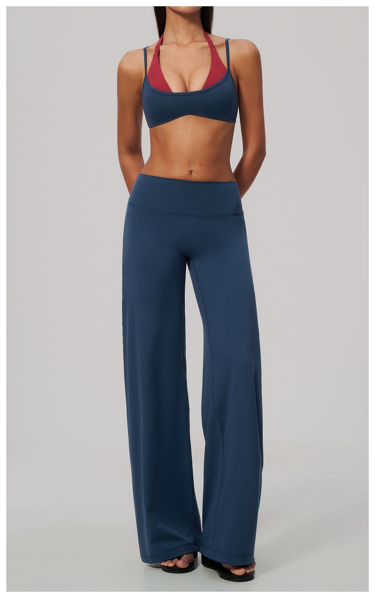 2 Piece Colorblock Double Strap Halter Sports Bra and High Waisted Loose Fit Wide Leg Yoga Pants Set