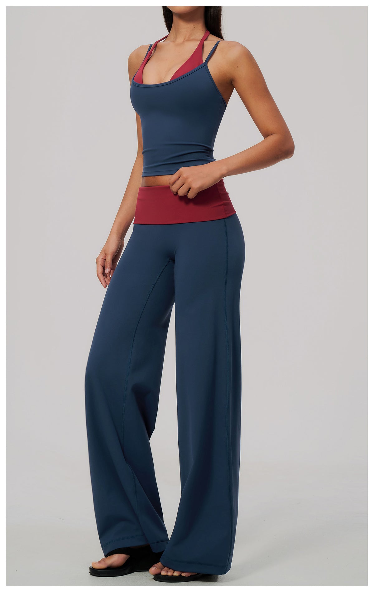 2 Piece Colorblock Double Strap Halter Yoga Vest and Foldover Waist High-Rise Loose Wide Leg Yoga Pants Set