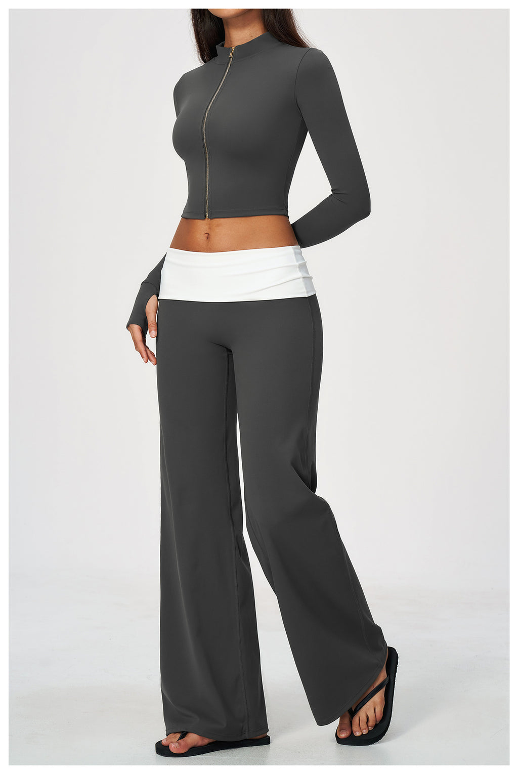 2 Piece Set Stand Collar Full Zip Cropped Running Yoga Workout Jacket and ColorBlock High Waisted Wide Leg Yoga Athletic Pants