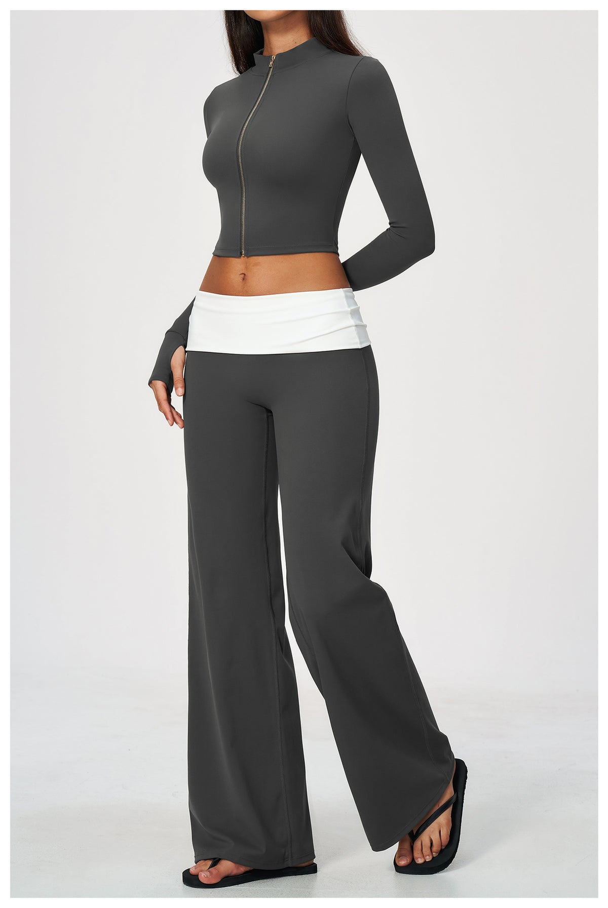 2 Piece Set Stand Collar Full Zip Cropped Running Yoga Workout Jacket and ColorBlock High Waisted Wide Leg Yoga Athletic Pants