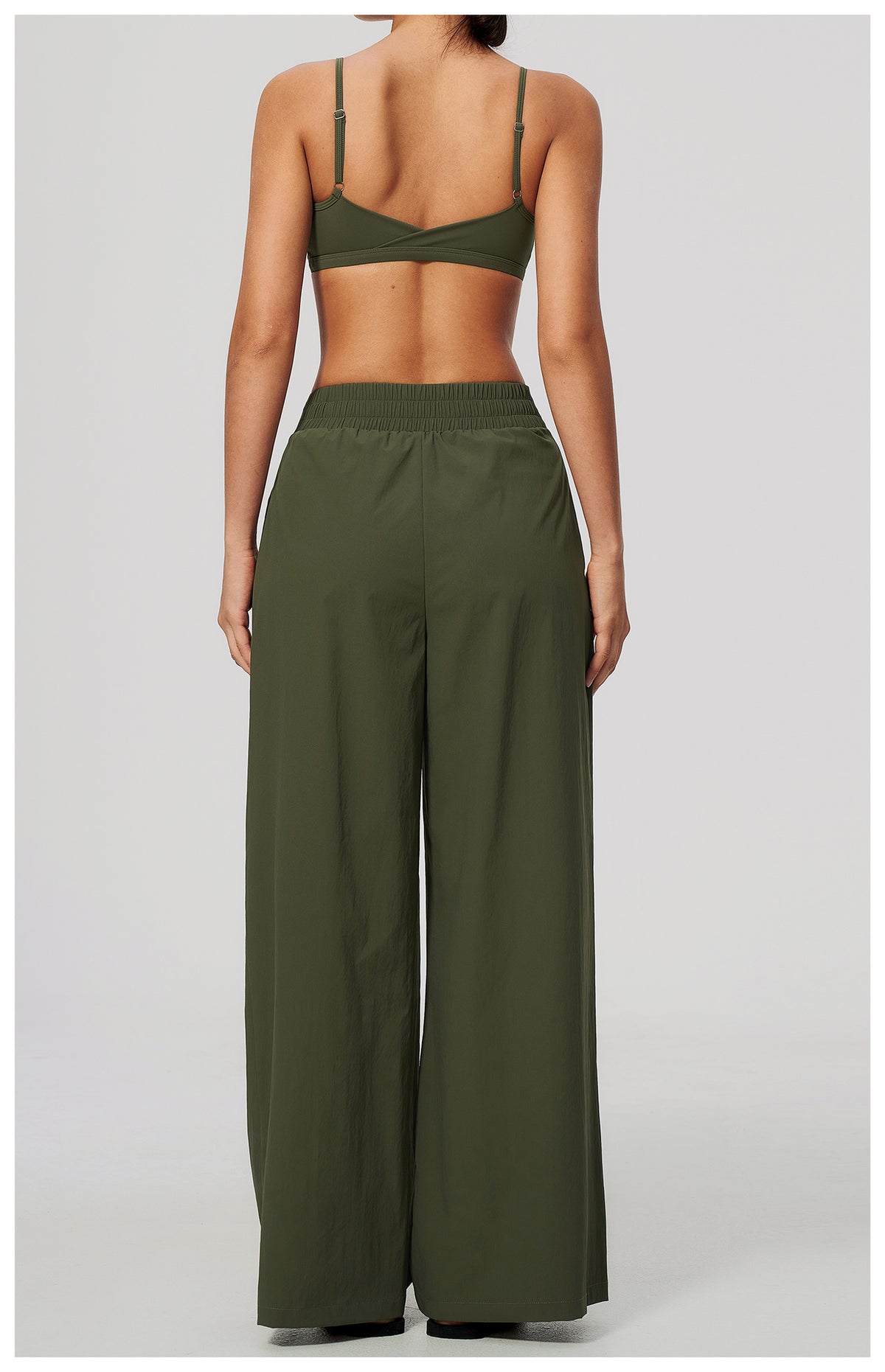 2 Piece Set Women V Neck Twist Back Adjustable Spaghetti Straps Sports Bra and High Waist Loose Casual Sports Wide Leg Pants