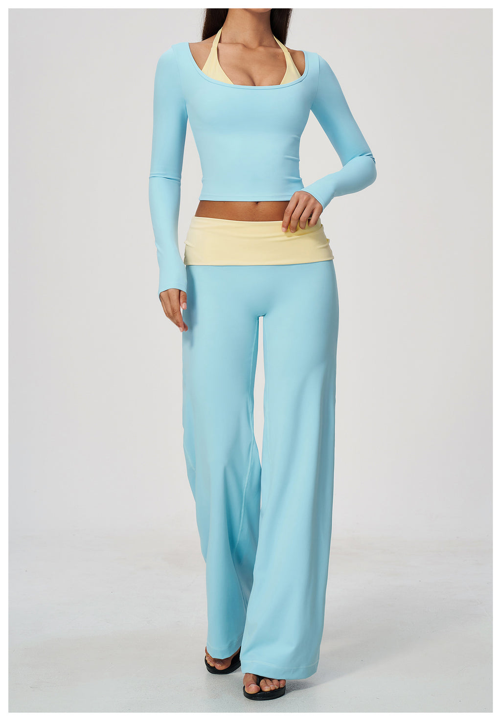 2 Piece Colorblock Double Strap Halter Long Sleeve Cropped Fitness Yoga Top and Foldover Waist High-Rise Loose Wide Leg Yoga Pants Set